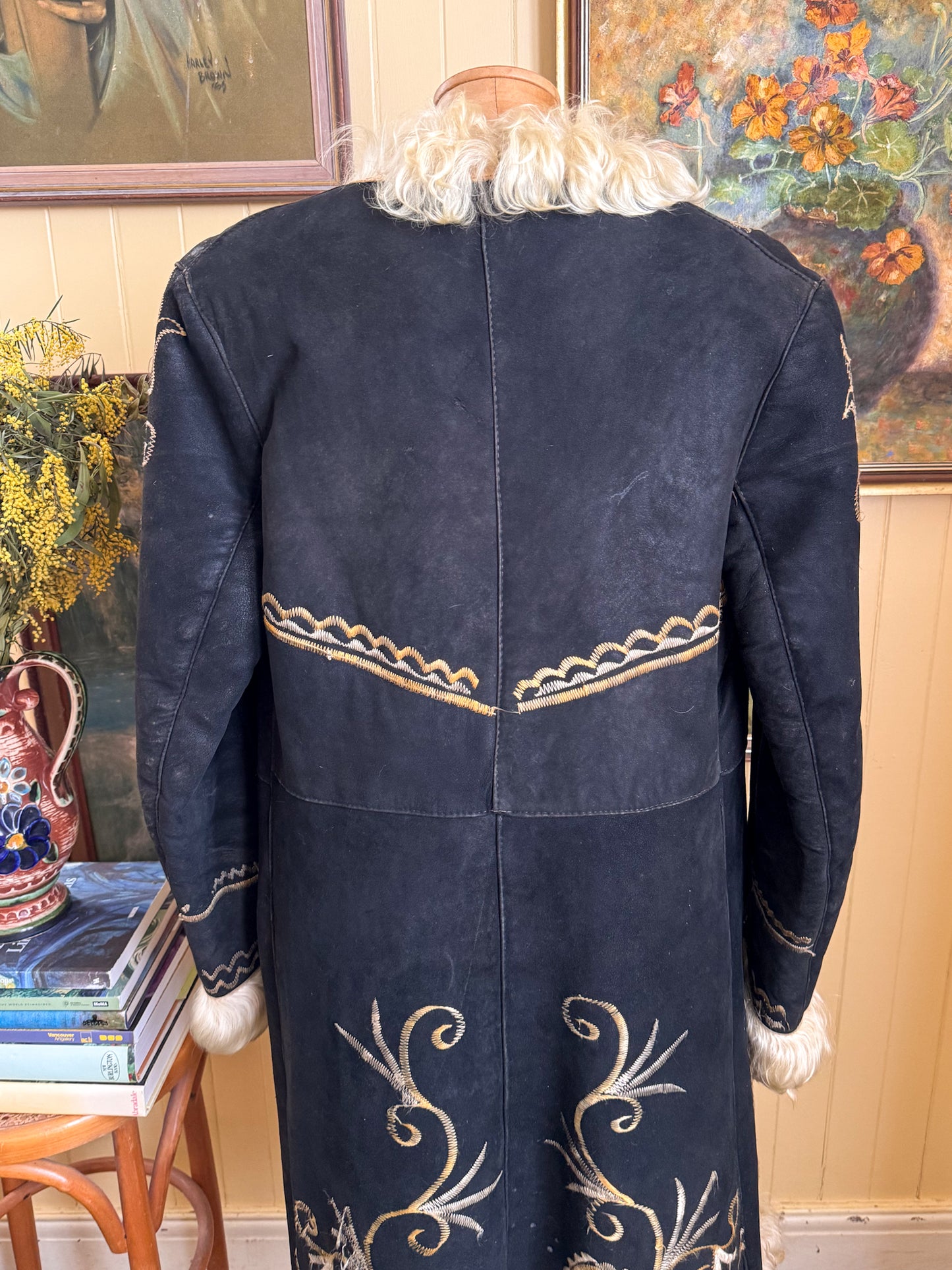 VINTAGE 1960S RARE AFGHAN SUEDE LEATHER MONGOLIAN WOOL PENNY LANE EMBROIDERED LONG COAT S