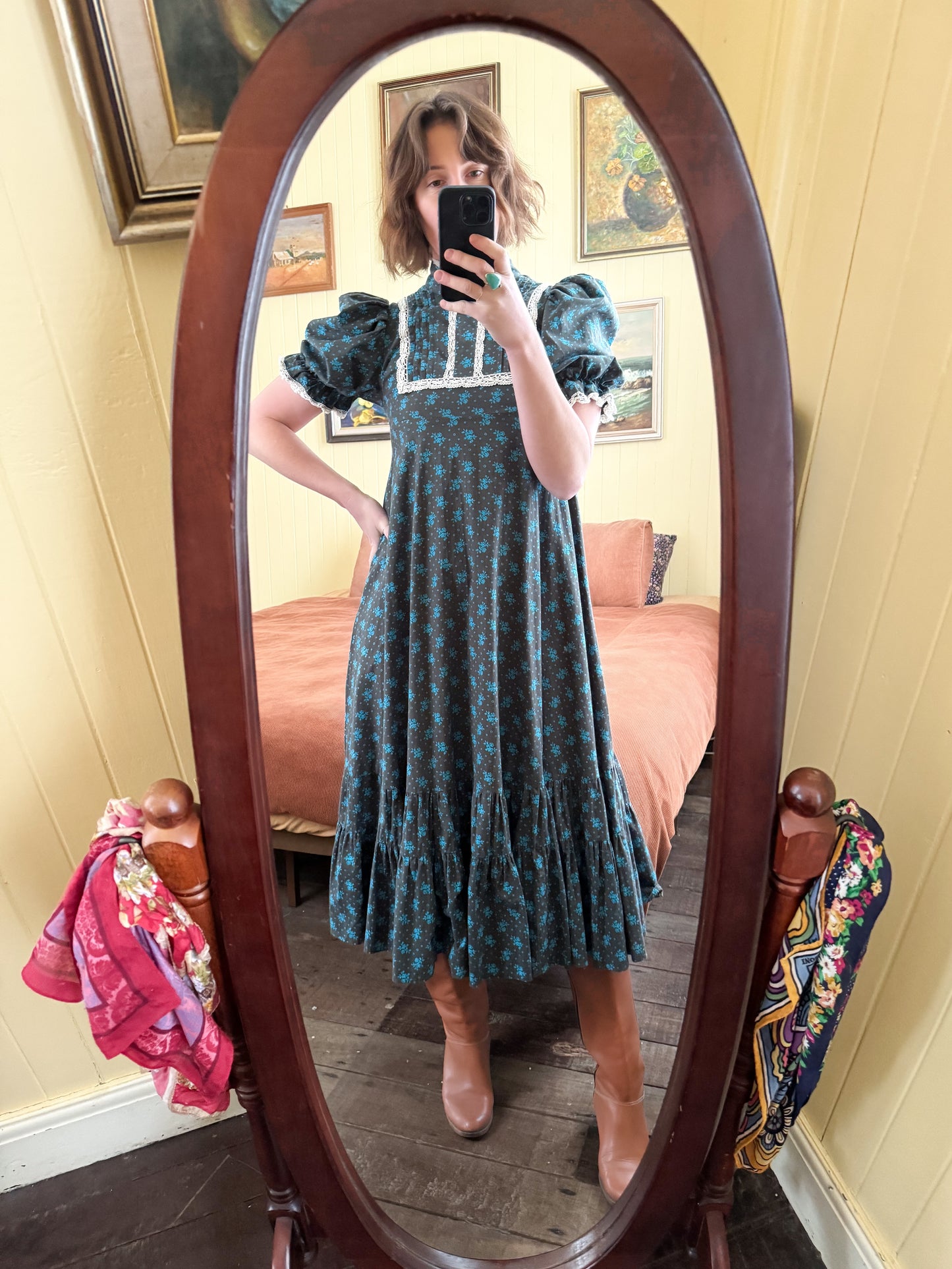 VINTAGE 1970S RARE LAURA ASHLEY WALES COTTON PRAIRIE MIDI DRESS S