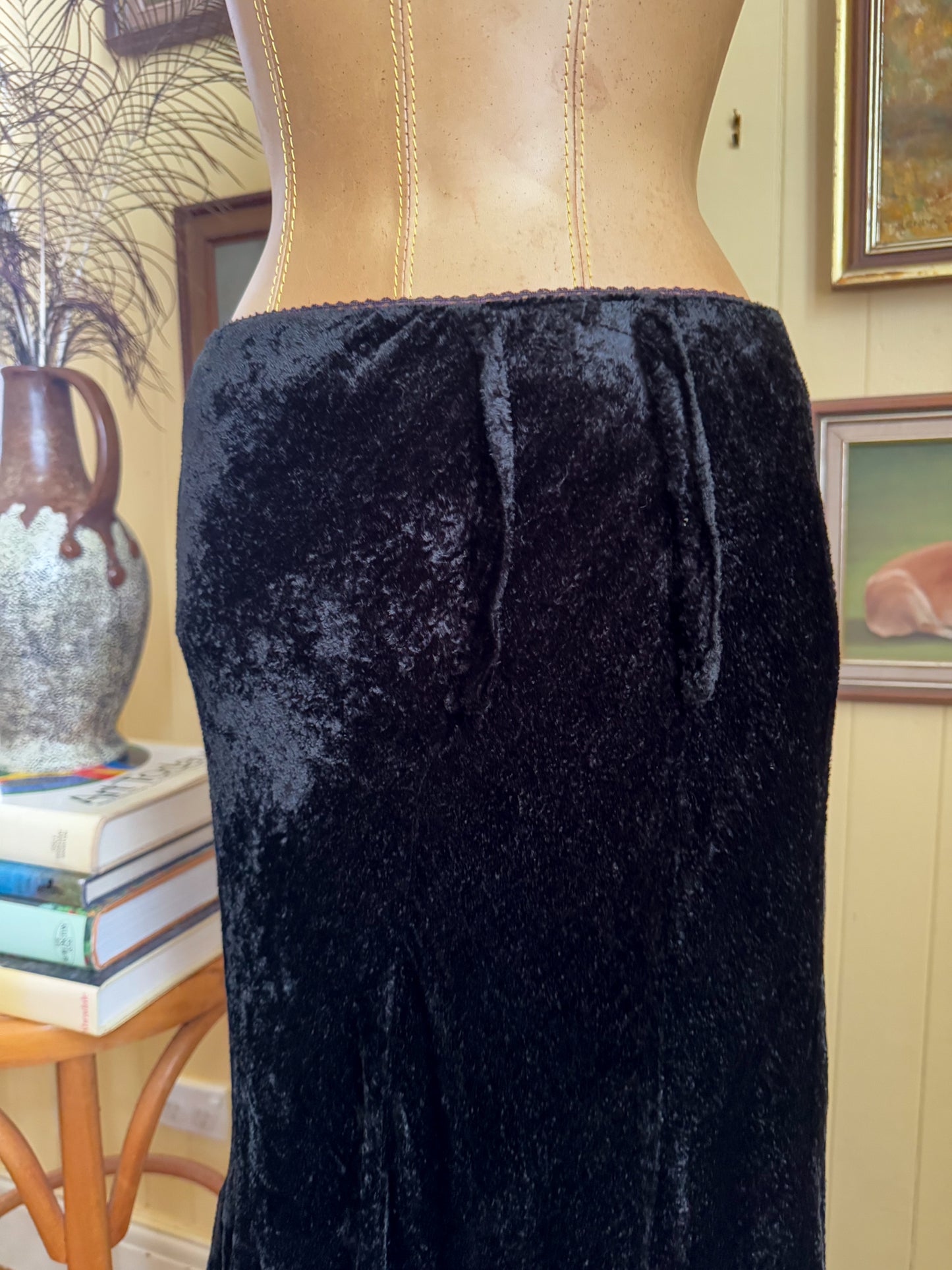 VINTAGE 1990S PEACE ANGEL INDIAN COTTON VELVET HANKY HEM MIDI SKIRT M