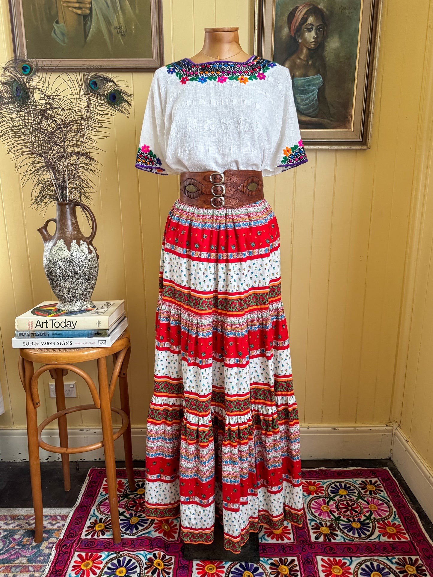 VINTAGE 1970S COTTON MIXED PRINT TIERED PEASANT MAXI SKIRT M