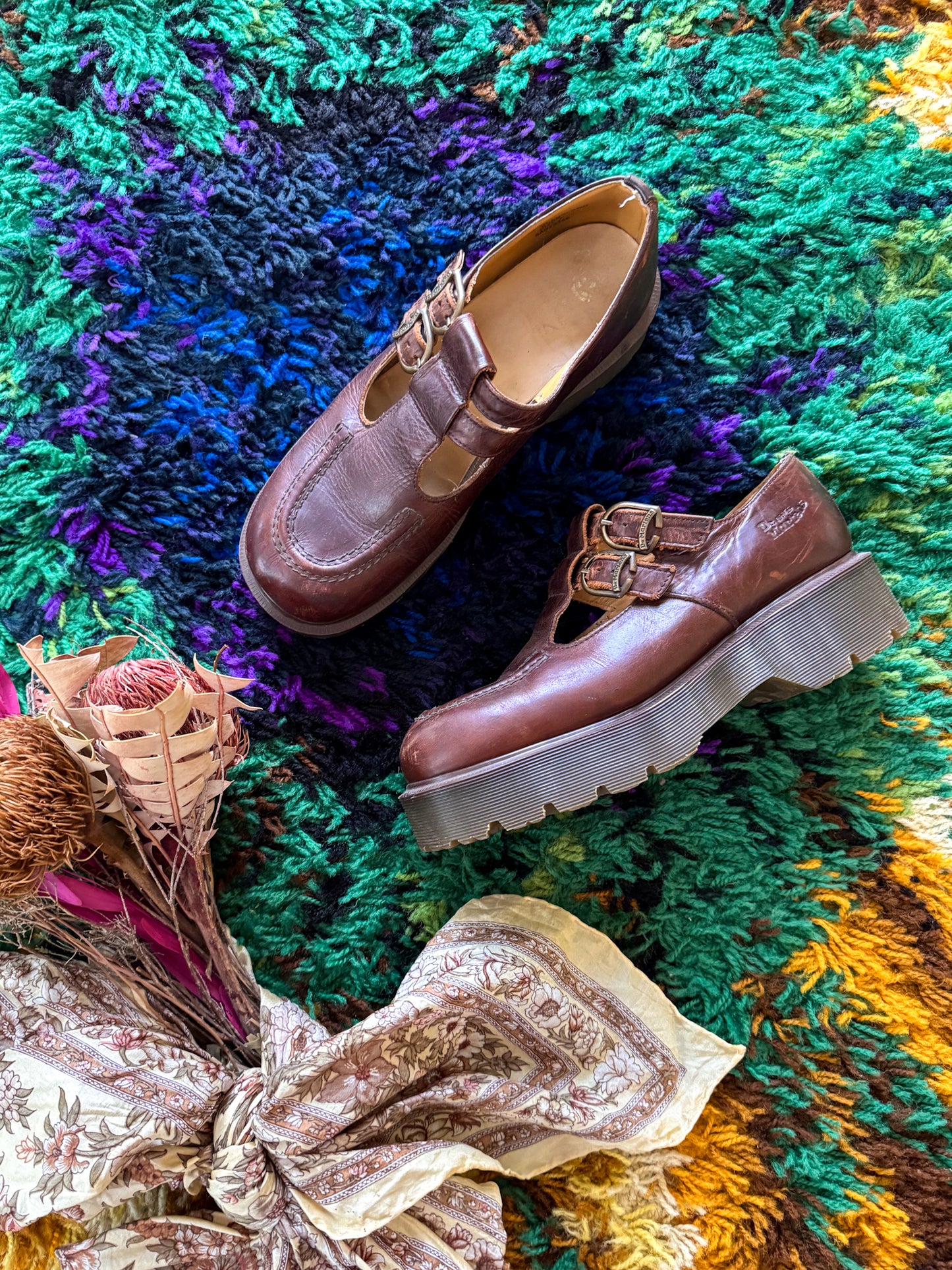 VINTAGE 1990S RARE DR DOC MARTENS DOUBLE STRAP CHESTNUT BROWN LEATHER HEELED MARY JANES 9.5/40.5