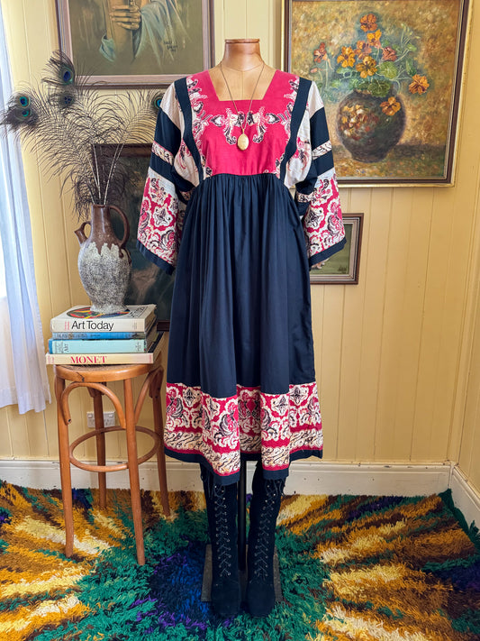 VINTAGE COTTON BATIK PRINT KIMONO SLEEVE SMOCK DRESS S/M
