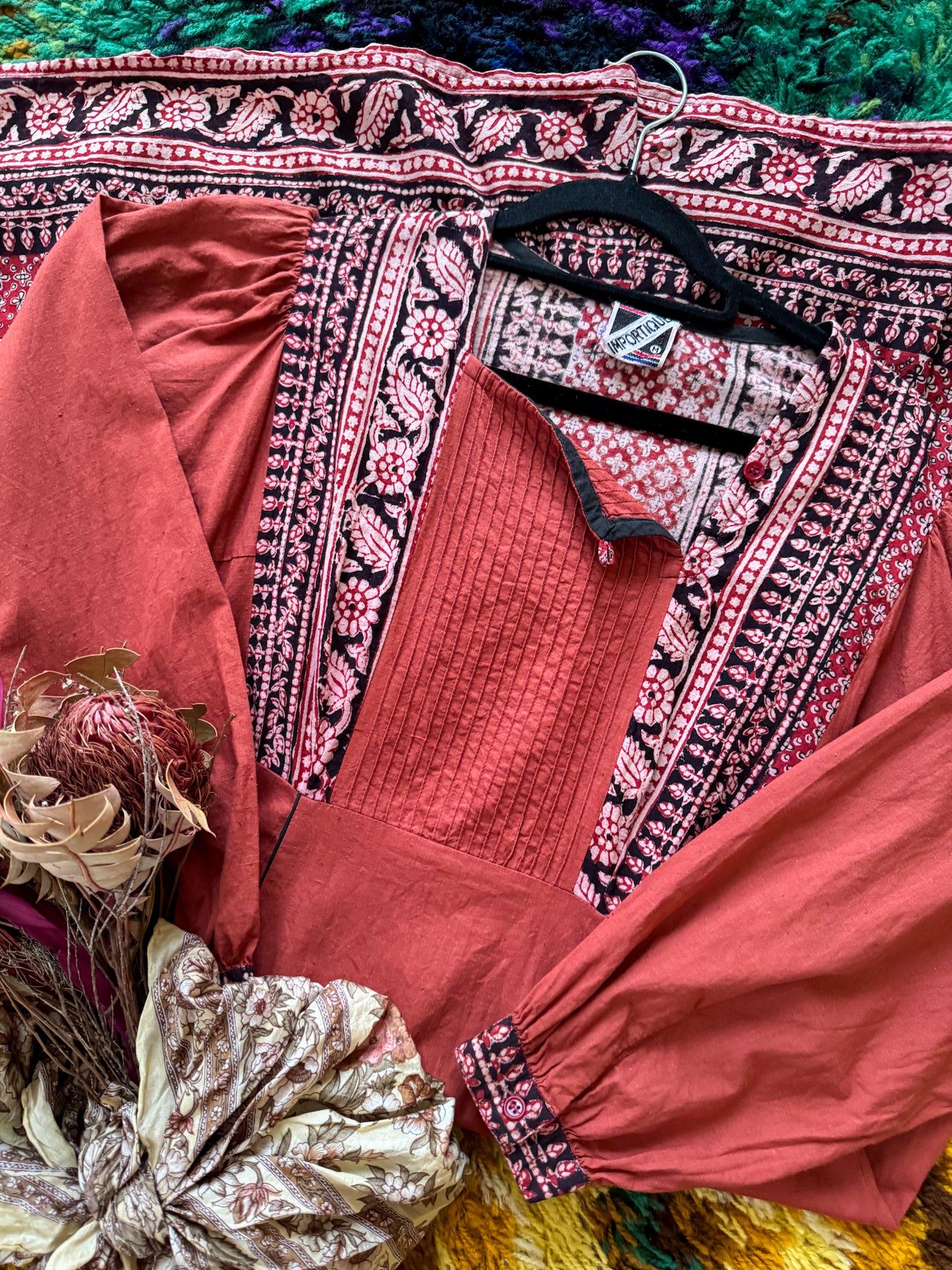 VINTAGE 1970S IMPORTIQUE INDIAN COTTON BLOCK PRINT MIDI SMOCK DRESS M