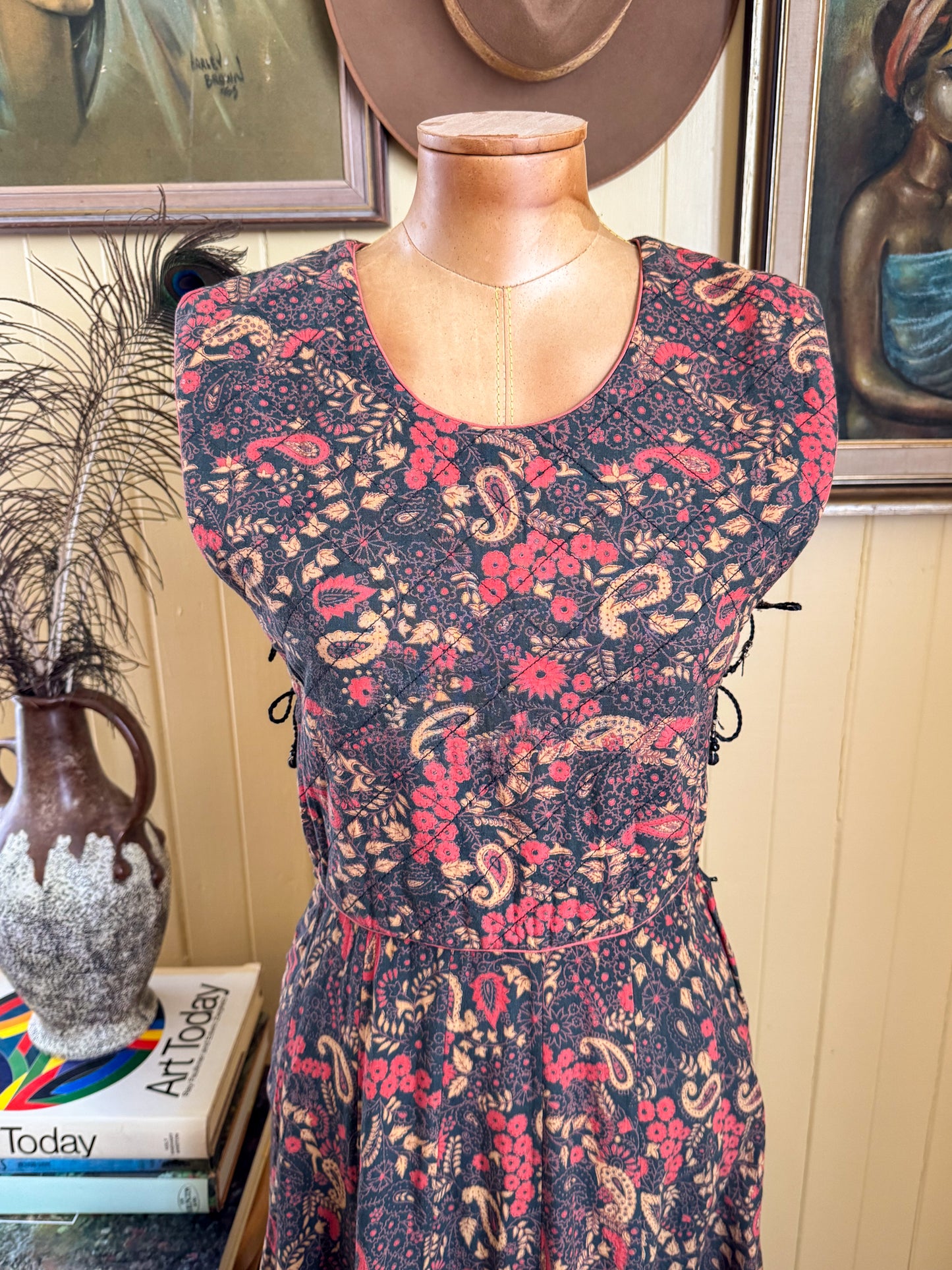 VINTAGE 1970S ORIENTIQUE INDIAN COTTON BLOCK PRINTED PINAFORE MIDI DRESS S
