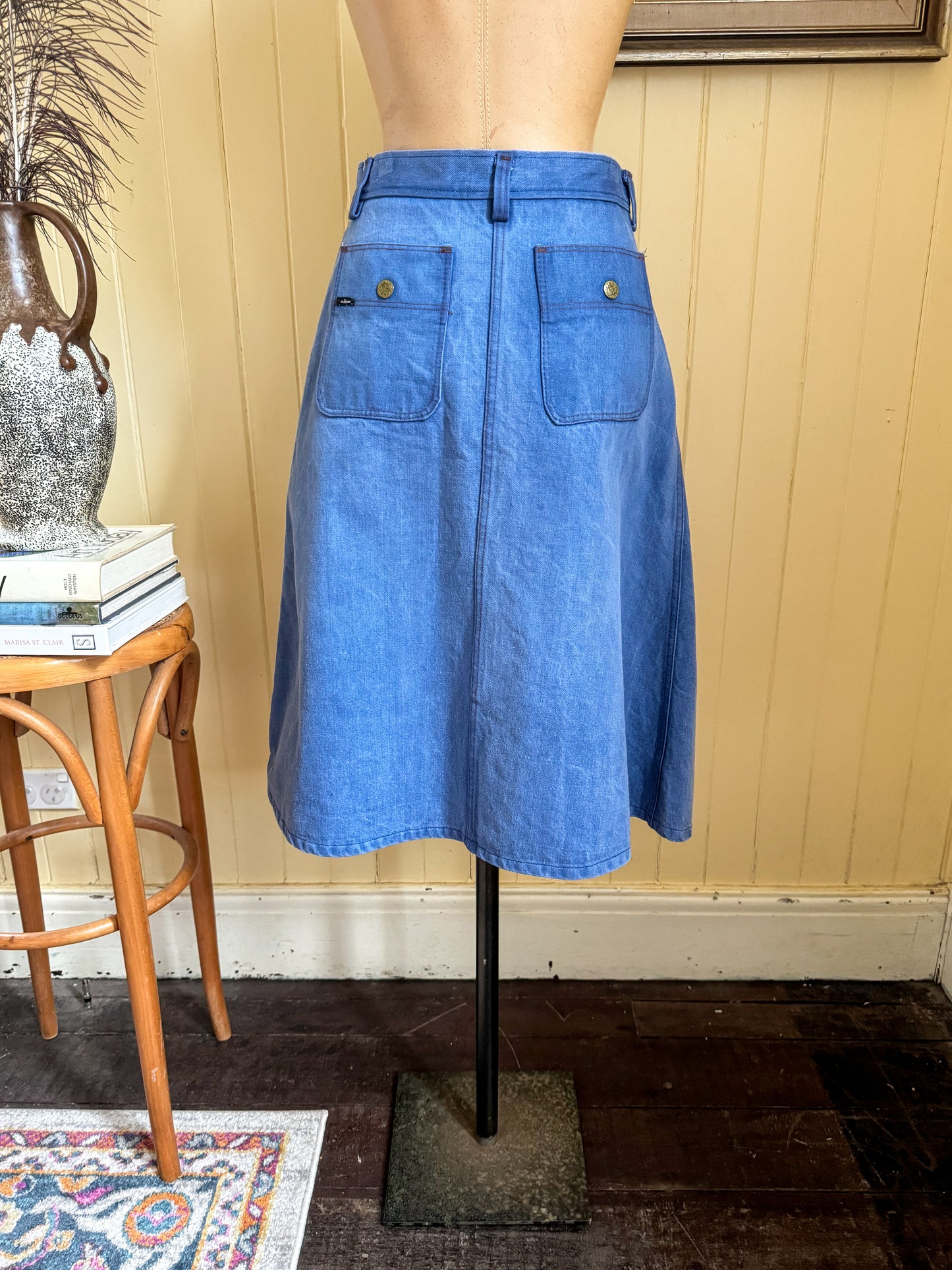 VINTAGE 1970S PLAY BUTTON THROUGH DENIM A-LINE MIDI SKIRT XS/S