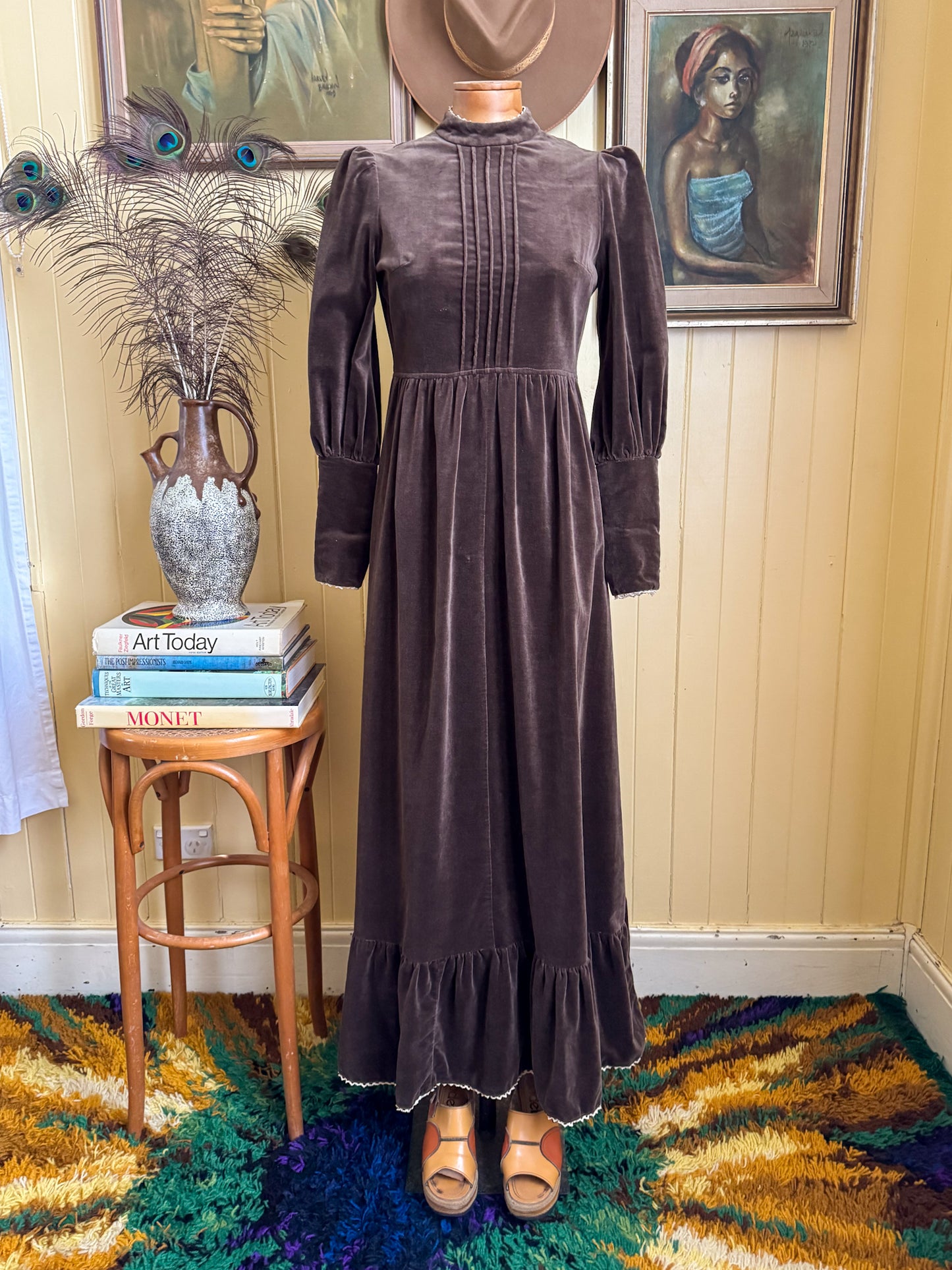 VINTAGE 1970S BINDI OF MELBOURNE COTTON VELVET MAXI VICTORIANA PRAIRIE DRESS XS/S