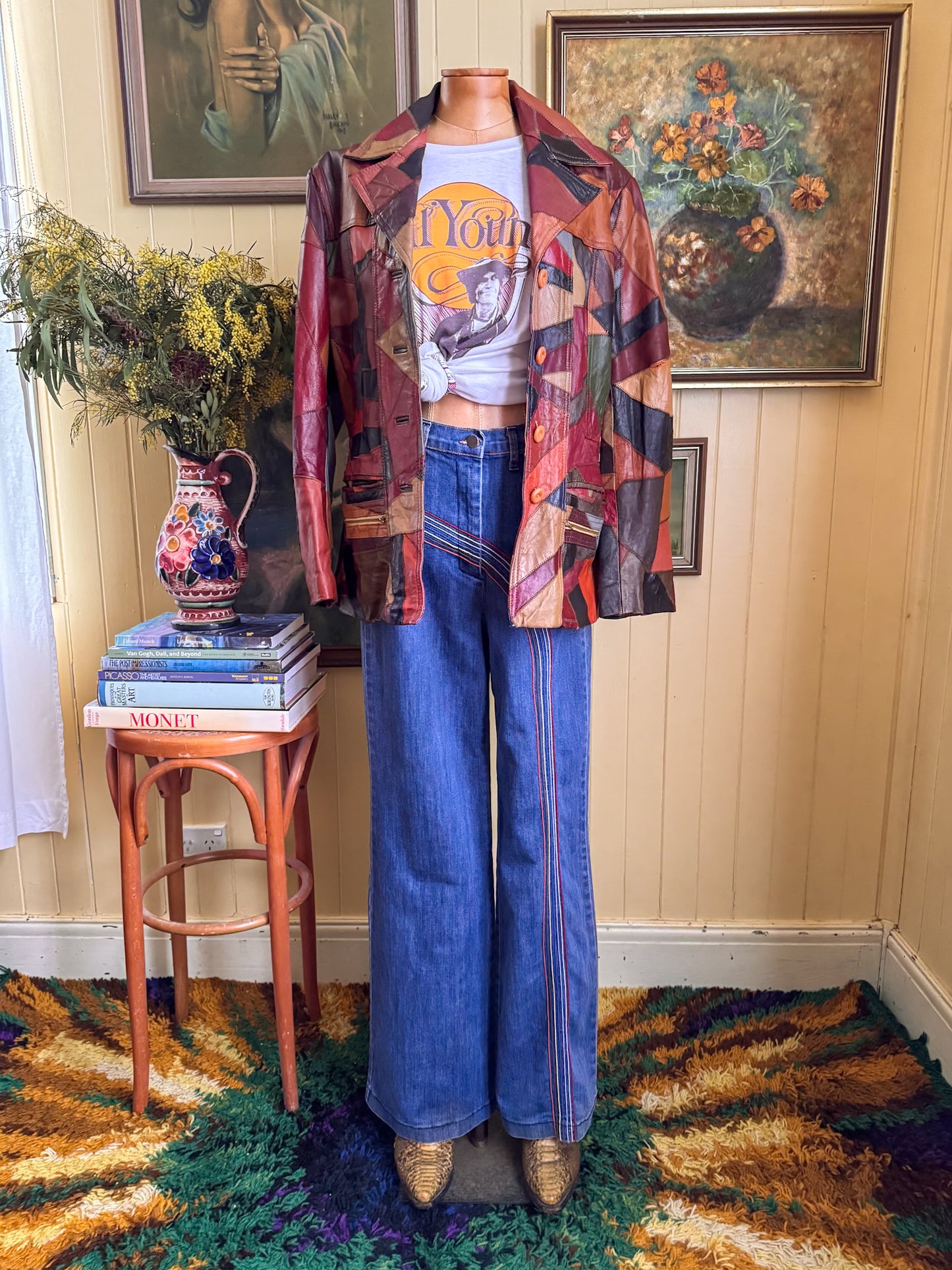 VINTAGE 1990S DOES 1970S USA FERVOUR HIGH WAIST RAINBOW STITCH DENIM FLARED JEANS M