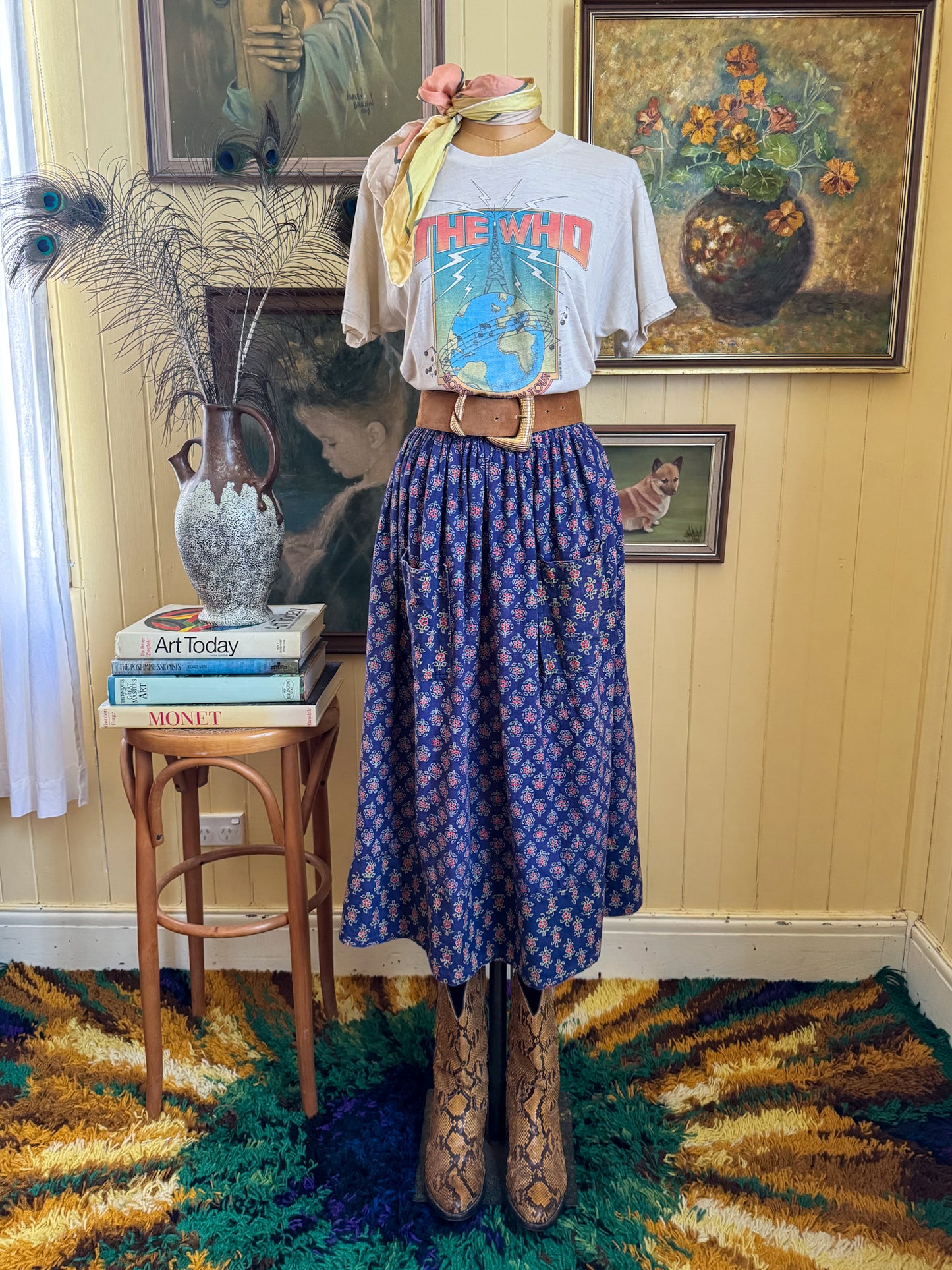 VINTAGE 1970S INDIAN COTTON BLOCK PRINT POCKET MIDI PEASANT SKIRT S