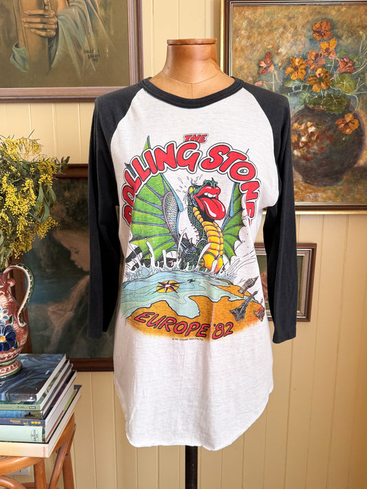 VINTAGE 1982 THE ROLLING STONES EUROPE TOUR PRINT RAGLAN TSHIRT M/L