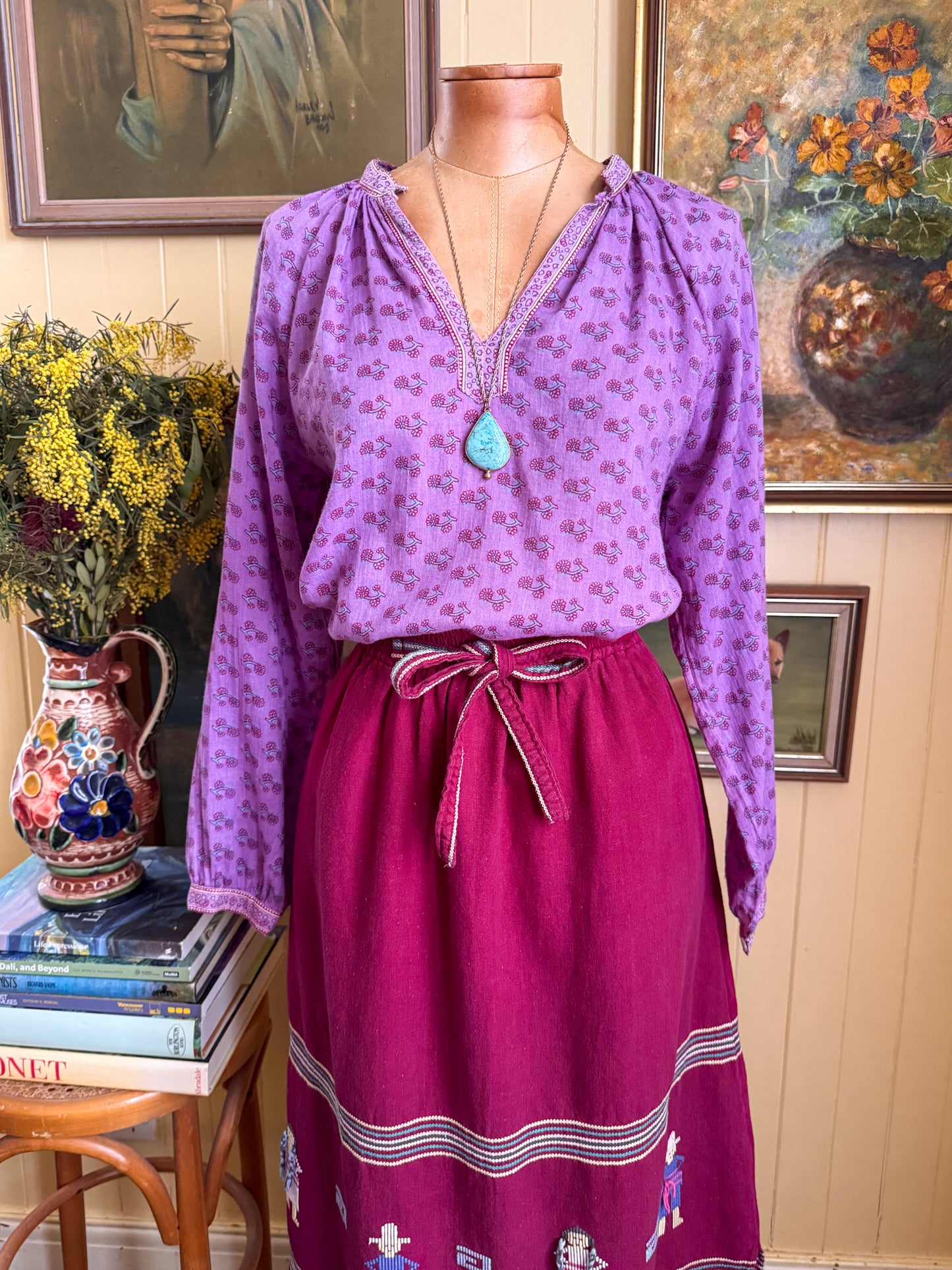 VINTAGE 1970S LASTANGO PAKISTANI COTTON GAUZE BLOCK PRINT BLOUSE S/M