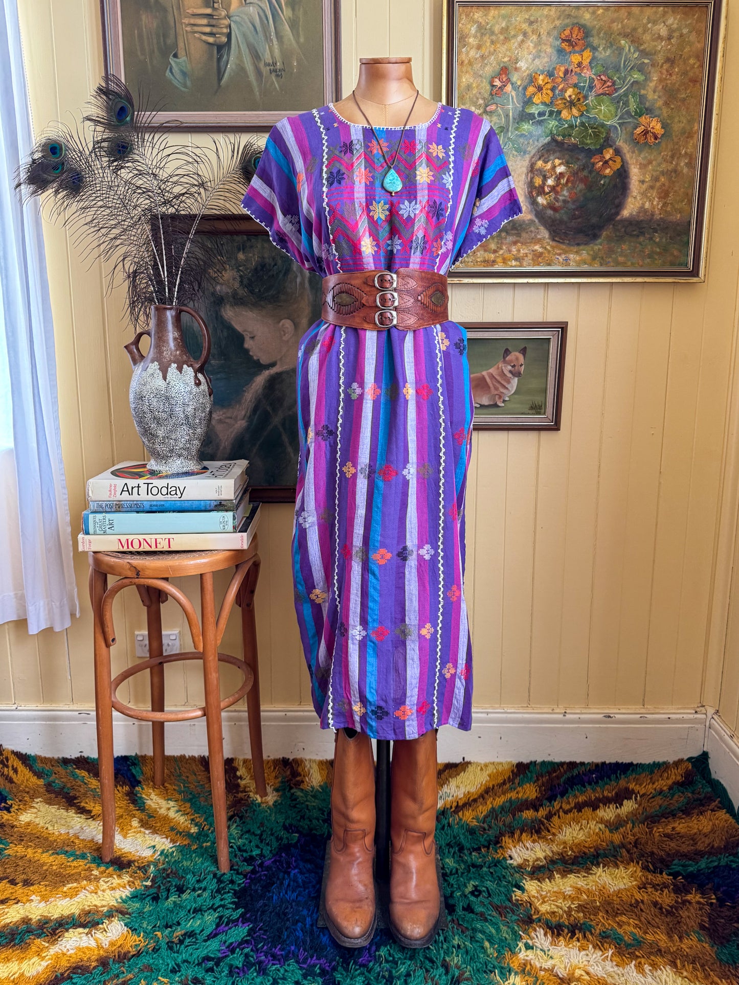 HANDMADE MEXICAN STRIPED WOVEN COTTON EMBROIDERED HUIPIL DRESS S/M/L