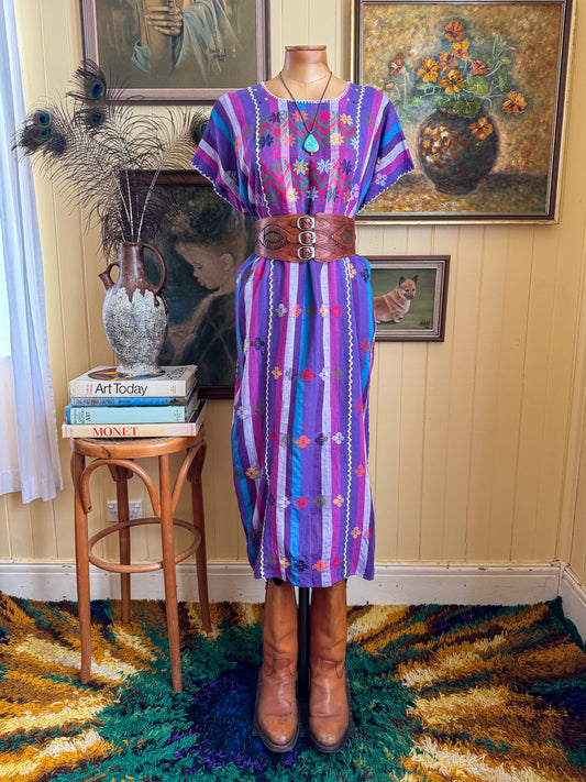 HANDMADE MEXICAN STRIPED WOVEN COTTON EMBROIDERED HUIPIL DRESS S/M/L