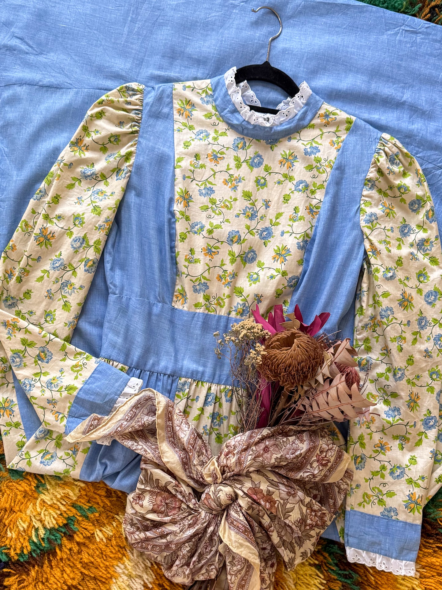 VINTAGE 1970S HANDMADE COTTONl VICTORIANA MAXI PRAIRIE DRESS XS