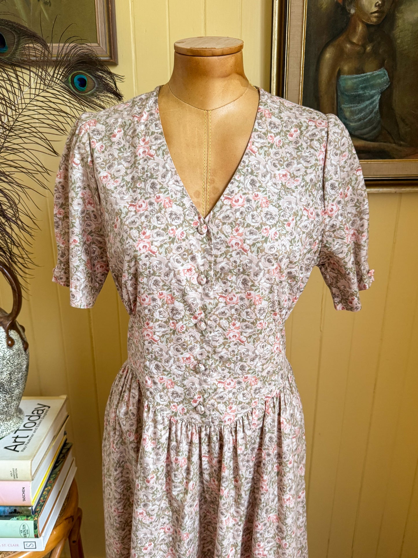 VINTAGE 1980S ENGLISH LAURA ASHLEY COTTON FLORAL PRINT PRAIRIE DRESS S