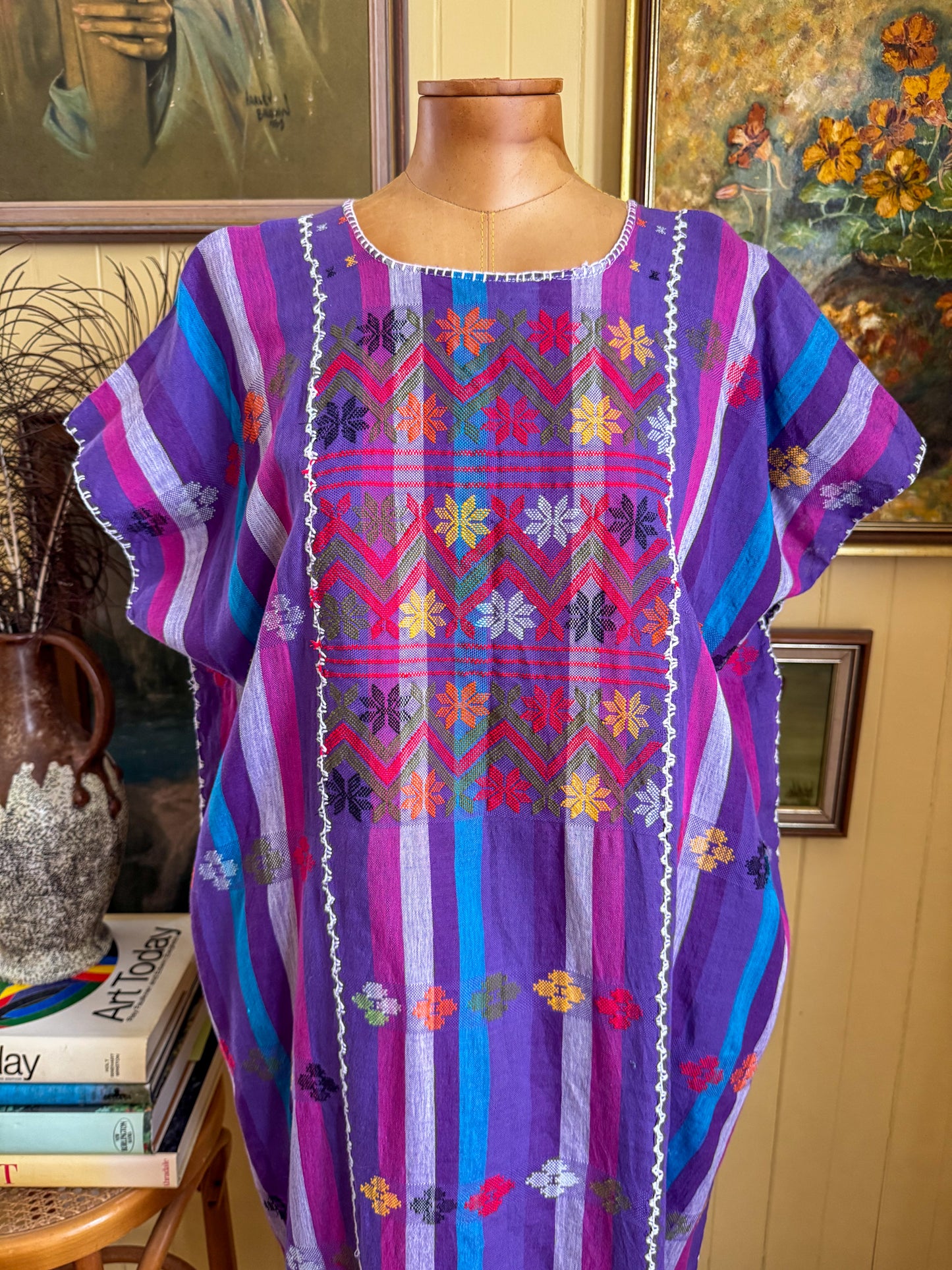 HANDMADE MEXICAN STRIPED WOVEN COTTON EMBROIDERED HUIPIL DRESS S/M/L