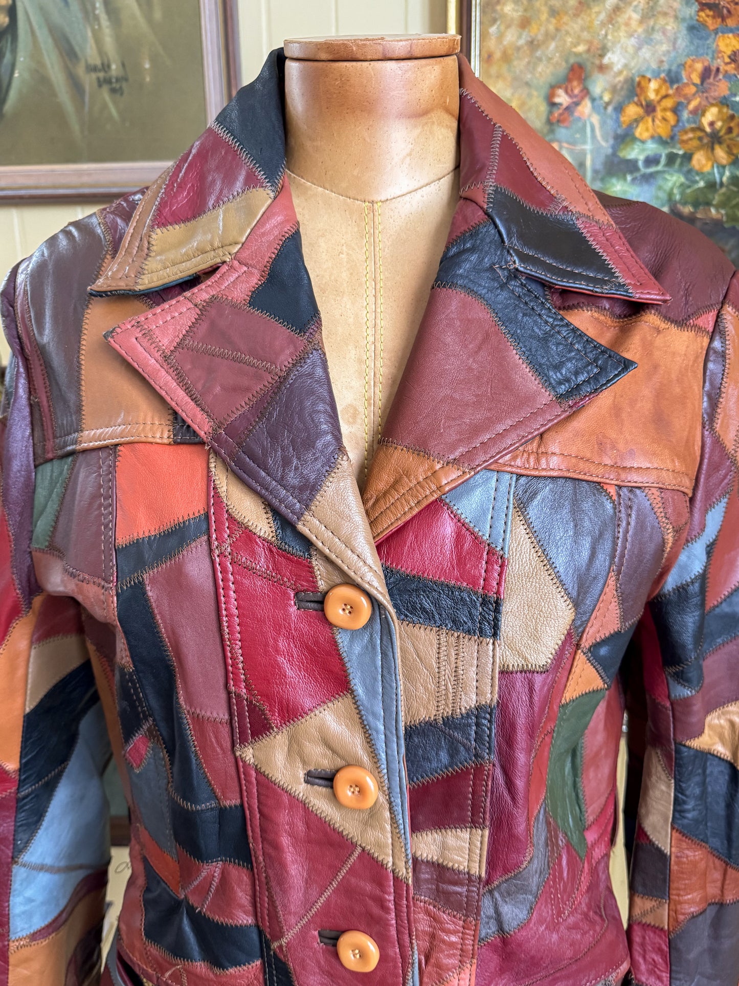VINTAGE 1970S KOREAN PATCHWORK LEATHER BLAZER JACKET S/M