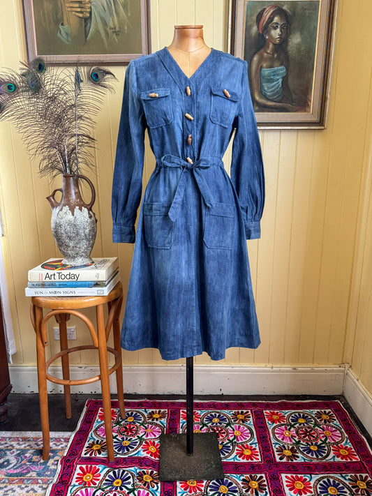 VINTAGE 1970S RENEY BLANT COTTON DENIM MIDI SHIRT DRESS S/M