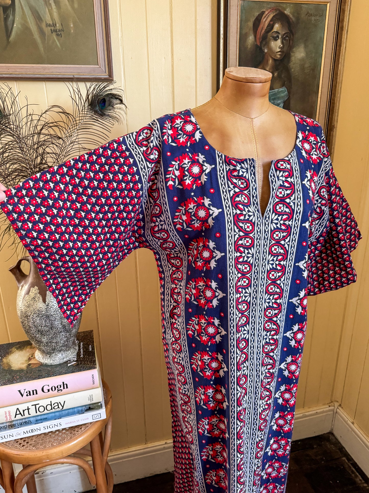 VINTAGE 1980S PAKISTANI COTTON BLOCK PRINT KIMONO SLEEVE MAXI DRESS L