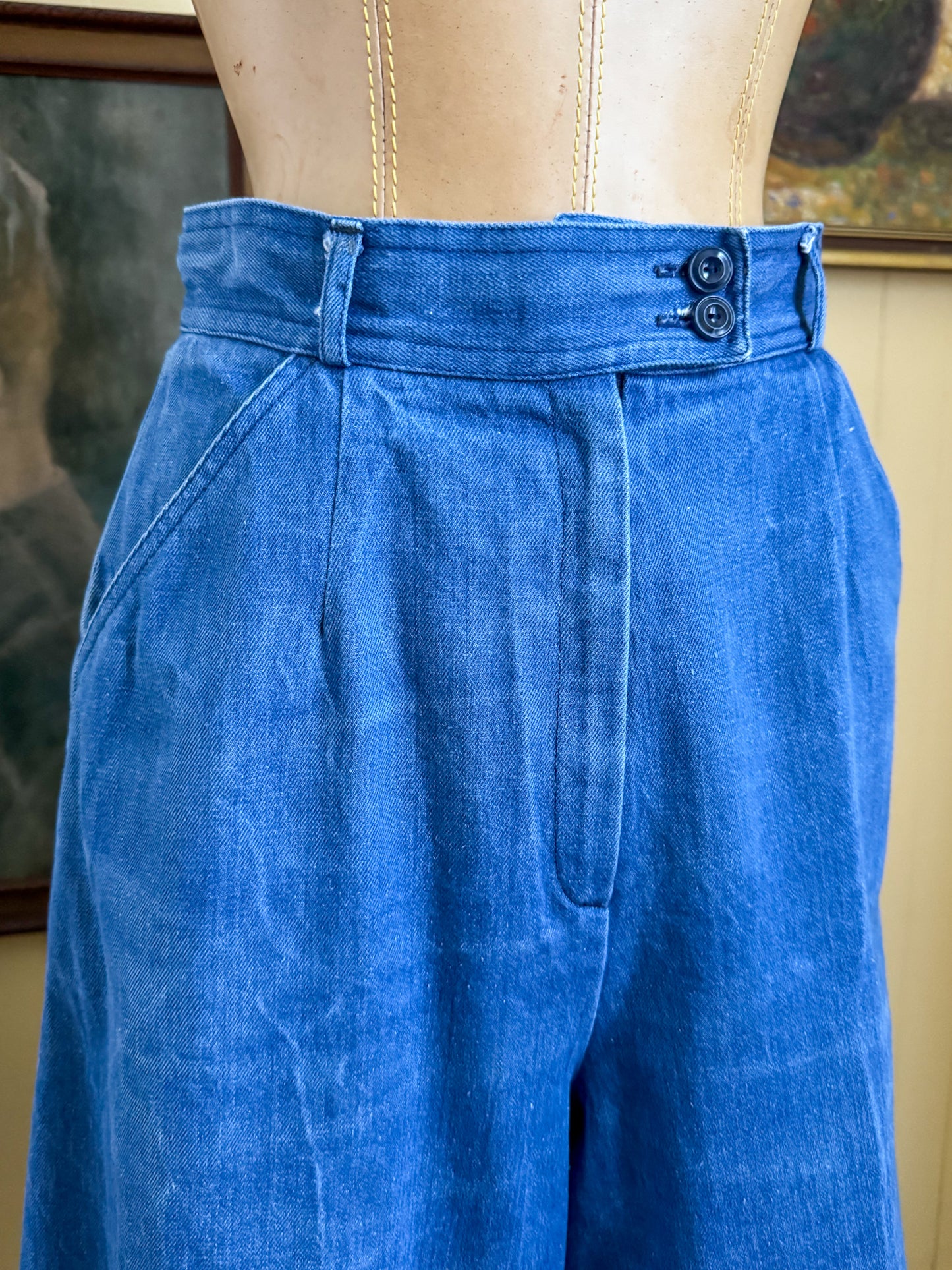 VINTAGE 1970S C&A COTTON DENIM SUPER HIGH WAIST WIDE LEG CULOTTES XS/S