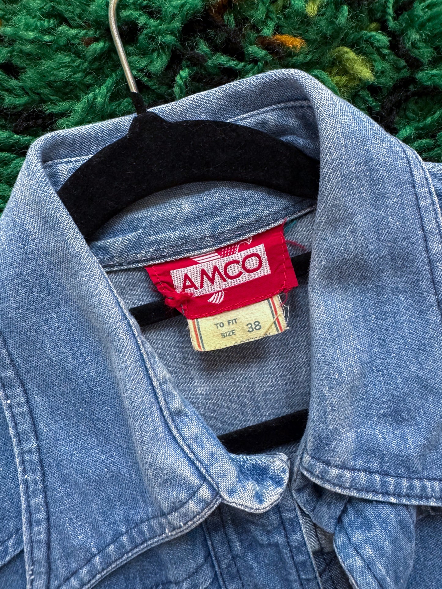 VINTAGE 1970S AMCO COTTON DENIM PATCH POCKET SHIRT JACKET M