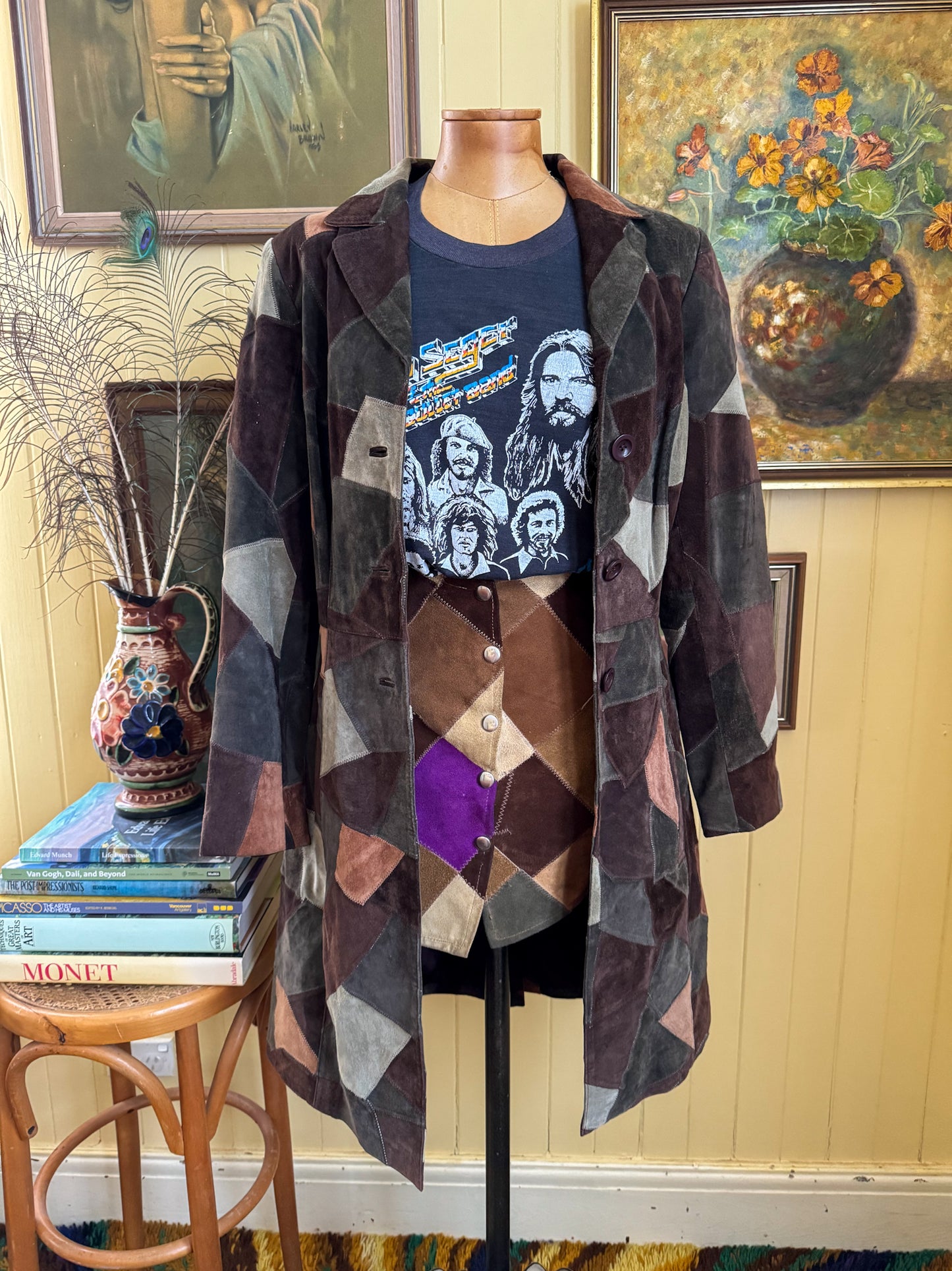 VINTAGE 1990S BEBE SUEDE LEATHER PATCHWORK TRENCH JACKET COAT S/M