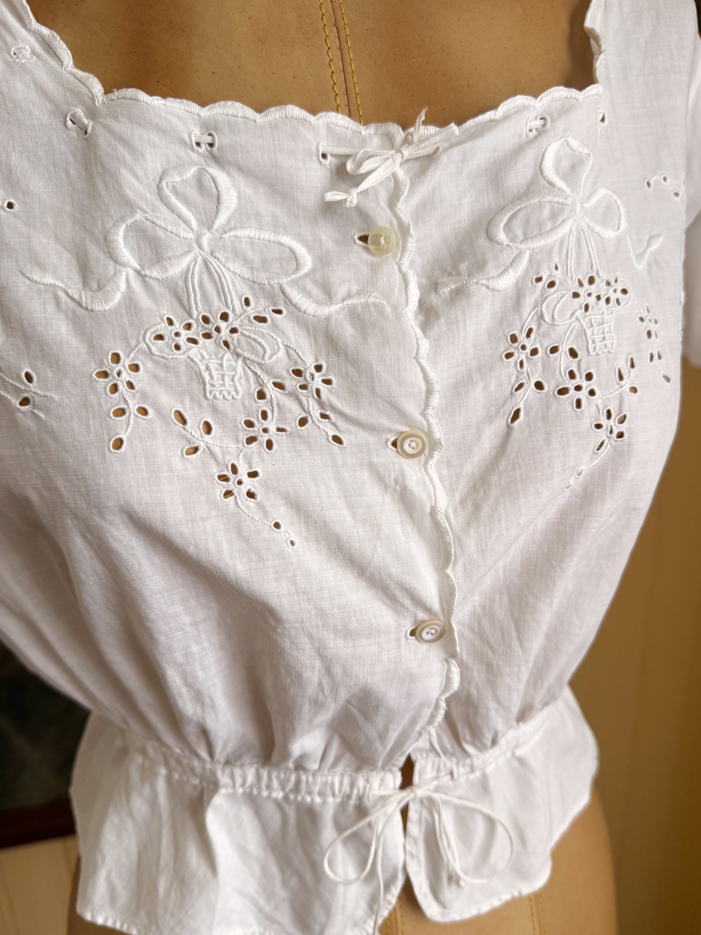 ANTIQUE EDWARDIAN COTTON MUSLIN EMBROIDERED CORSET COVER BLOUSE XS