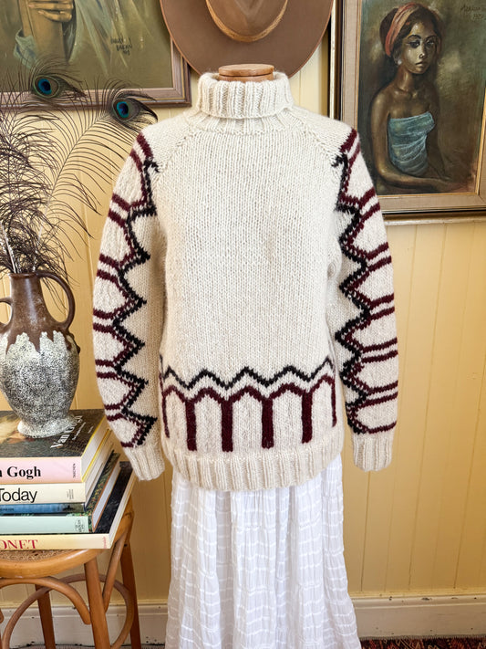 VINTAGE MALIKA INDIAN 100% WOOL MOTIF CHUNKY KNIT JUMPER S/M
