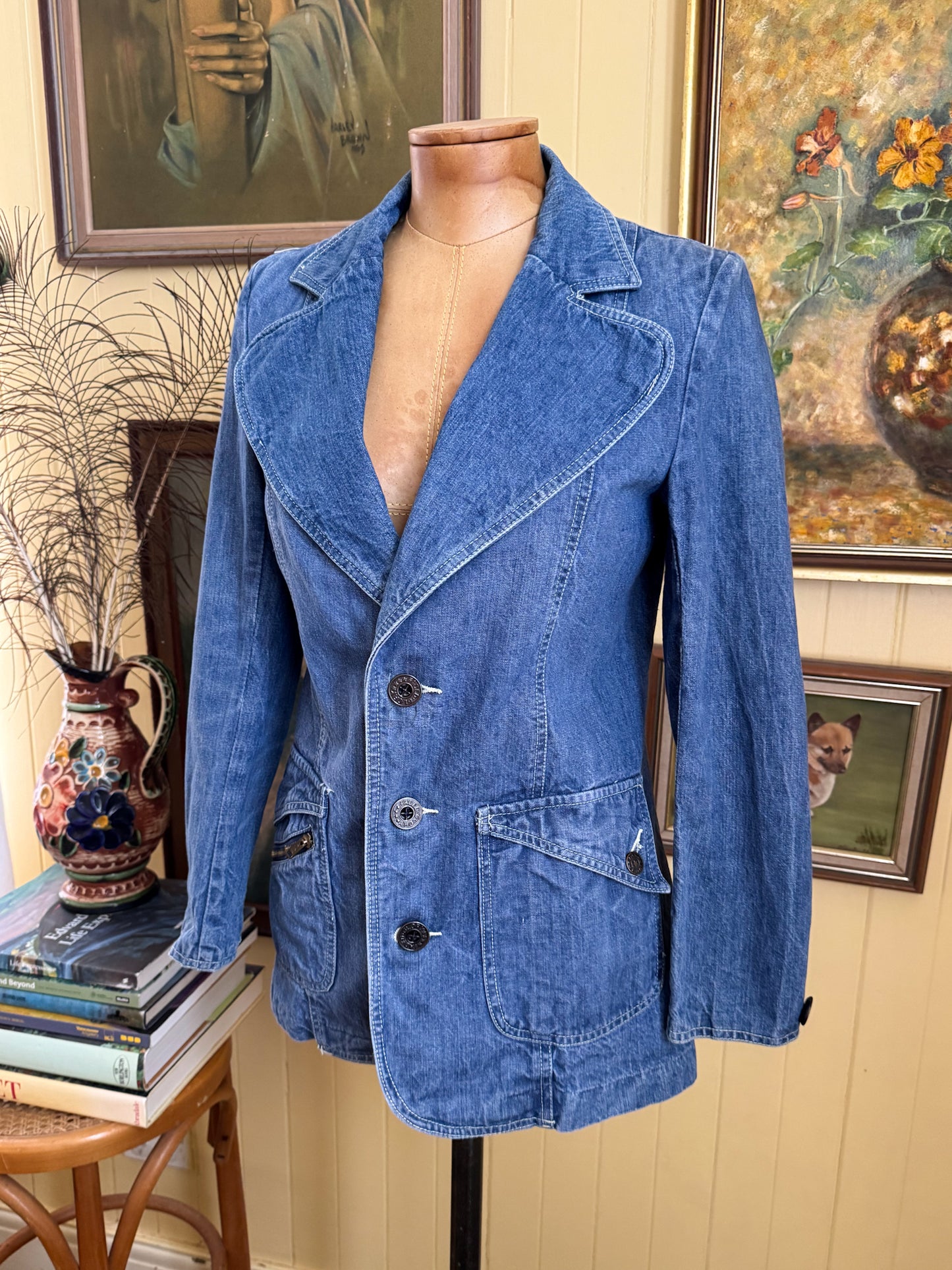 VINTAGE 1970S FADED GLORY COTTON DENIM FITTED BLAZER JACKET XS/S