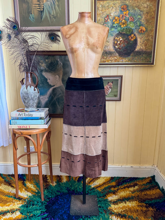 VINTAGE 1990S SPORTSGIRL SUEDE LEATHER PANELLED MIDI SKIRT L