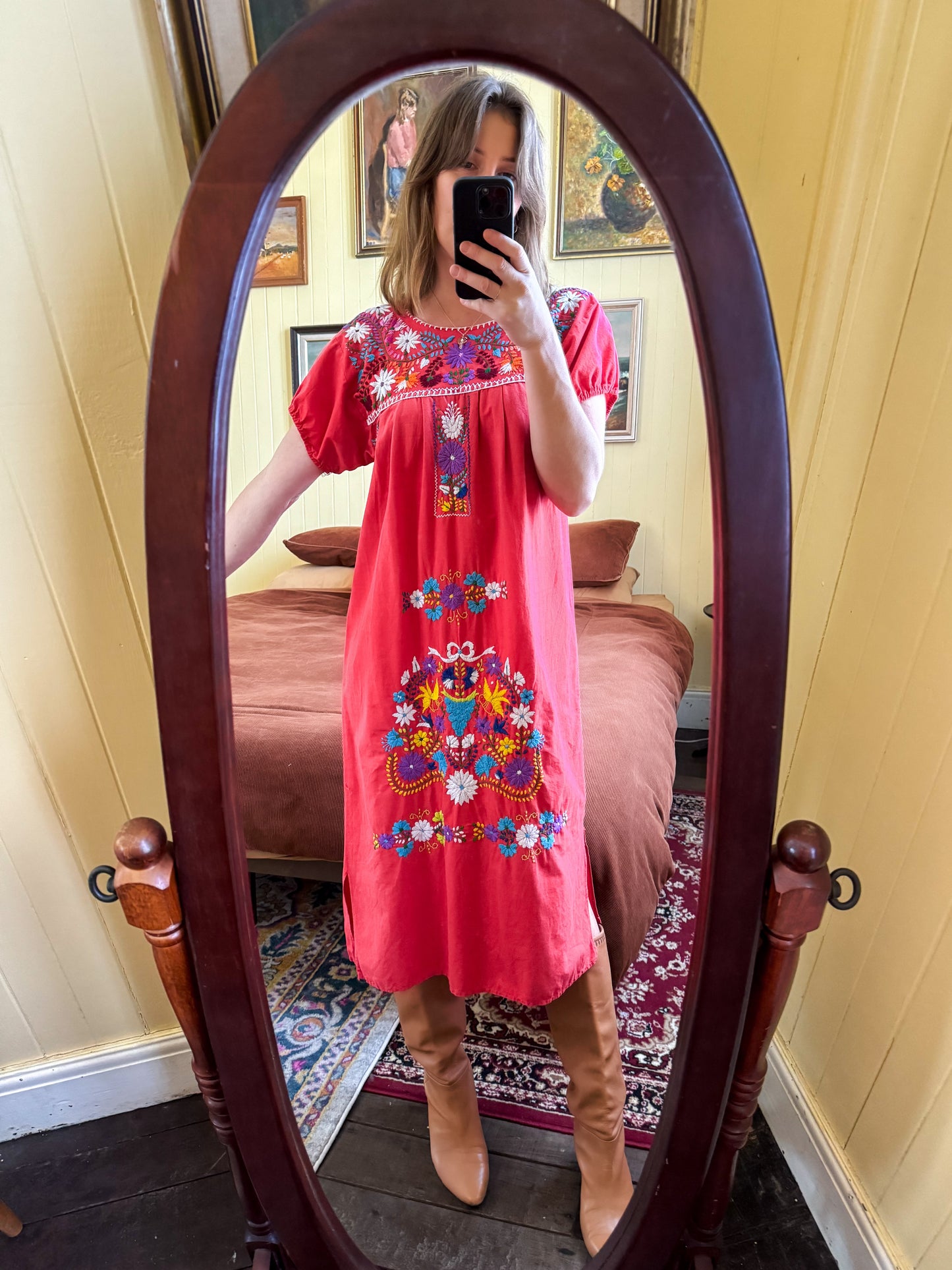 VINTAGE 1980S MEXICAN COTTON EMBROIDERED SMOCK MIDI DRESS S/M