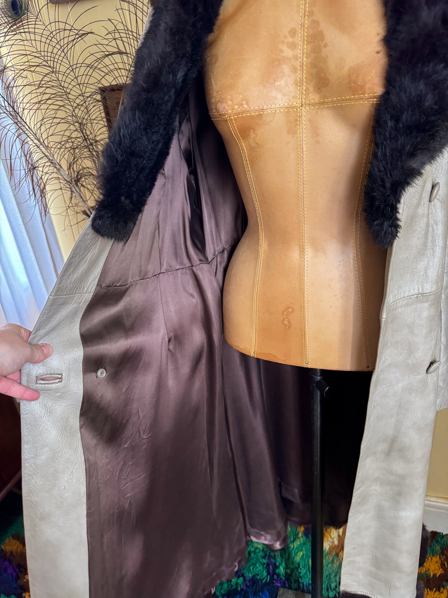 VINTAGE 1970S STEPHEN DATTNER LEATHER FUR TRIM PENNY LANE LONG COAT M/L