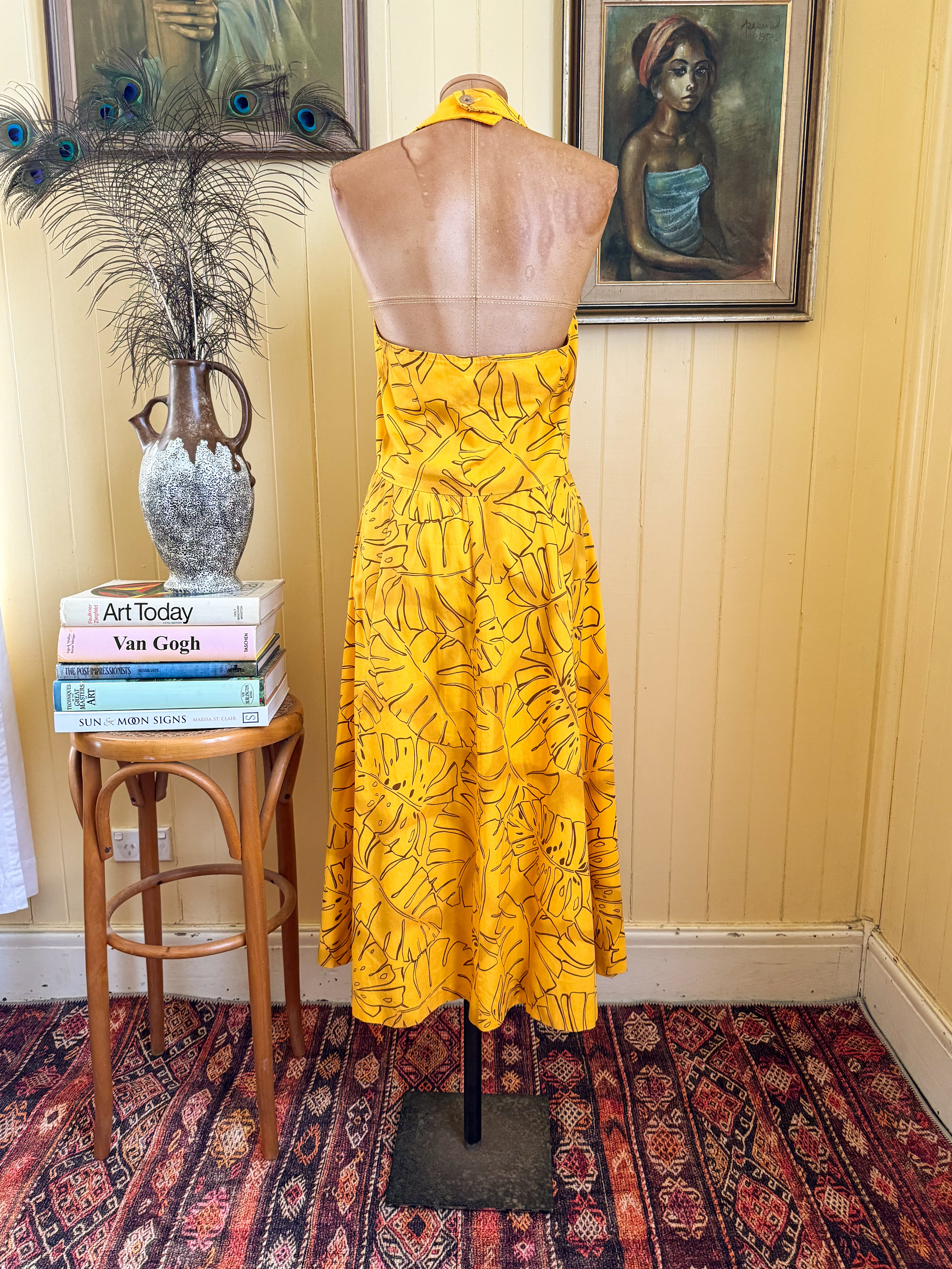 VINTAGE 1970S CLAUDE VALERIE FRANCE COTTON TROPICAL PRINT HALTER MIDI Dreamer Bohemia