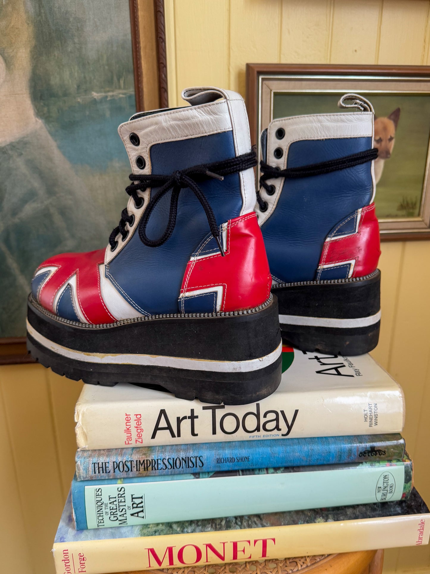 VINTAGE 1990S RARE ITALIAN VANGUARD UNION JACK LEATHER PLATFORM DIESEL SOLE BOOTS 8/38-39