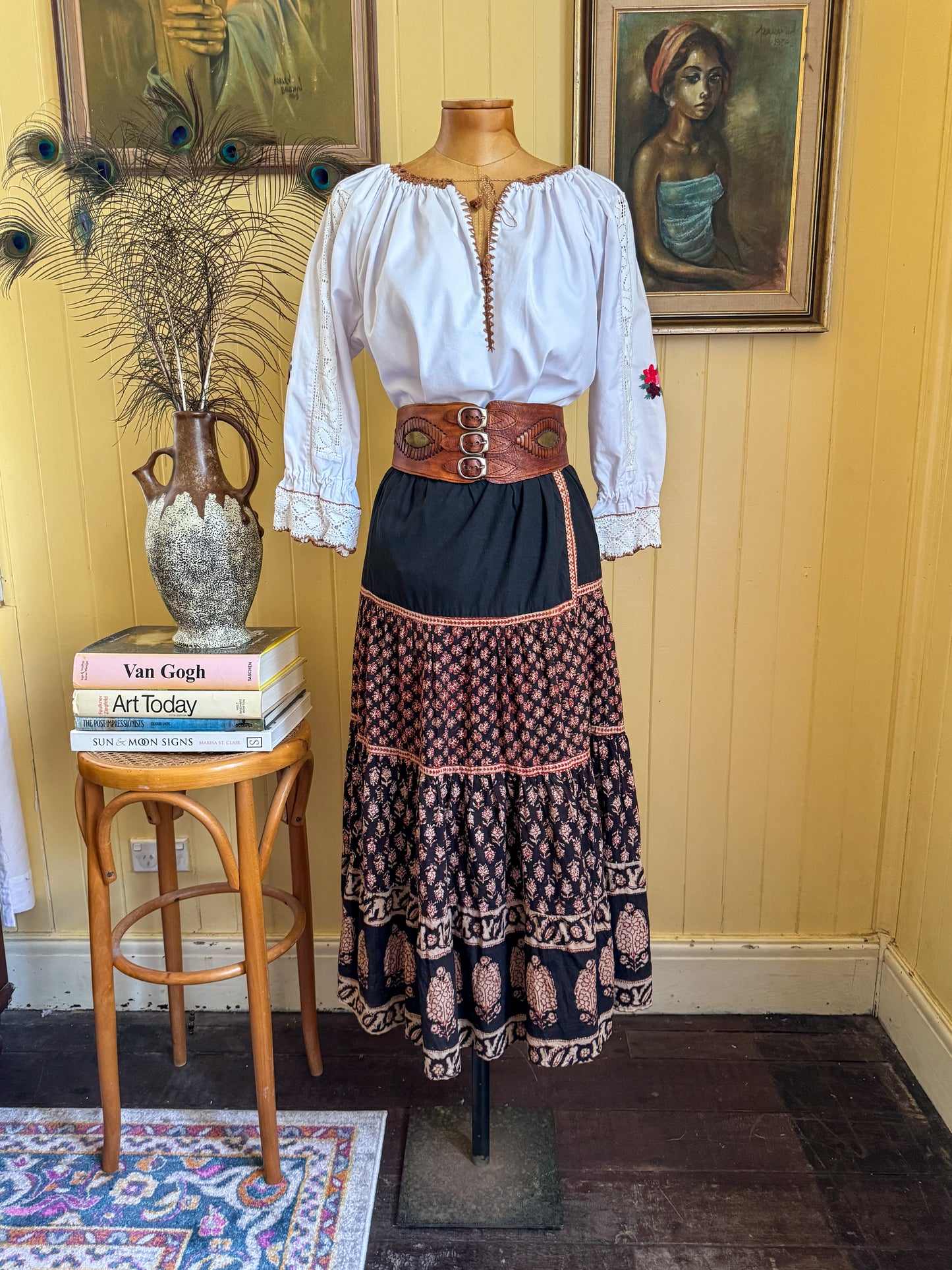 VINTAGE 1970S CHERRY LANE INDIAN COTTON BLOCK PRINT TIERED WRAP PEASANT SKIRT S/M