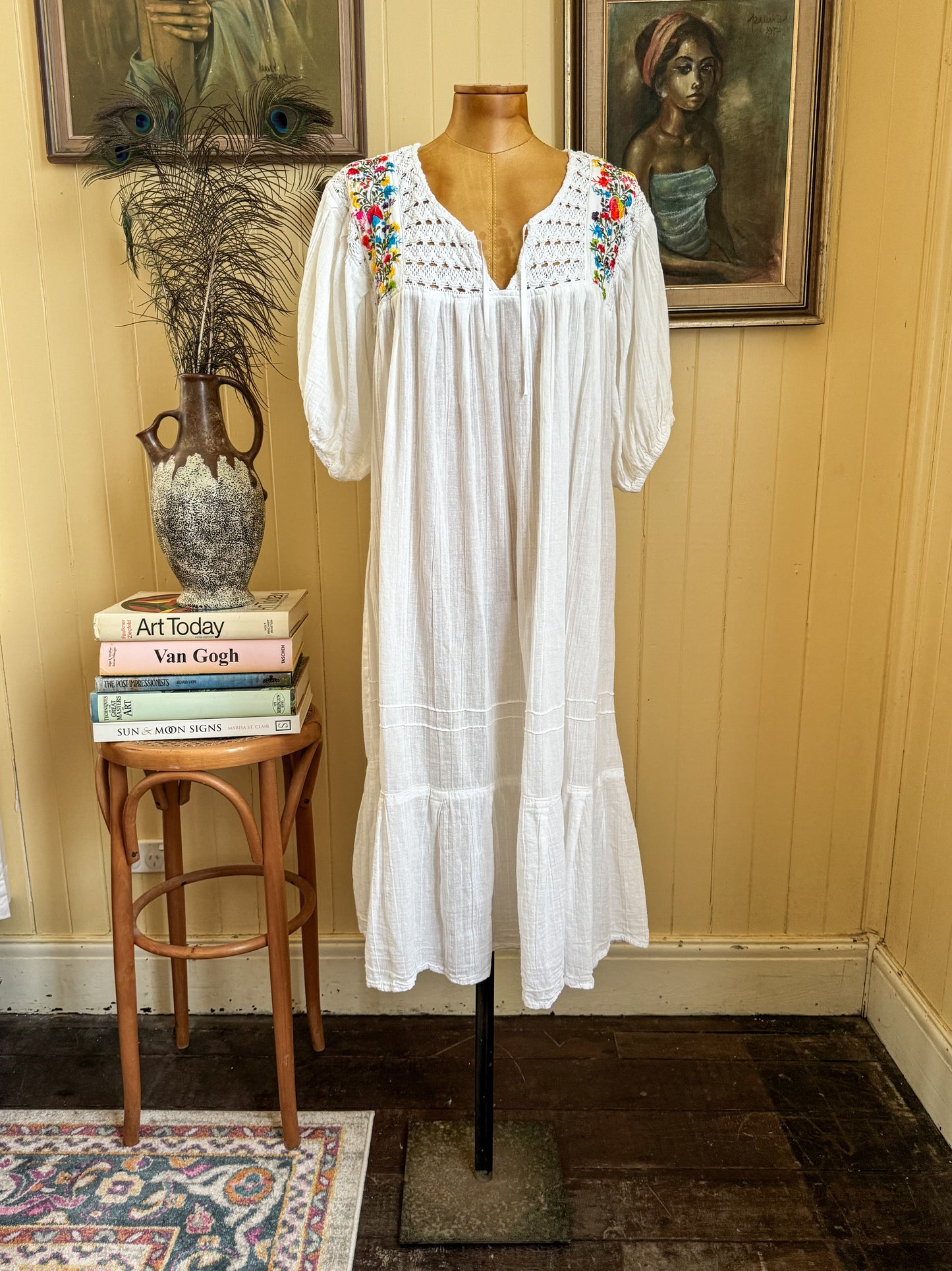 VINTAGE 1990S MEXICAN COTTON CHEESECLOTH EMBROIDERED CROCHET DRESS L/XL/XXL