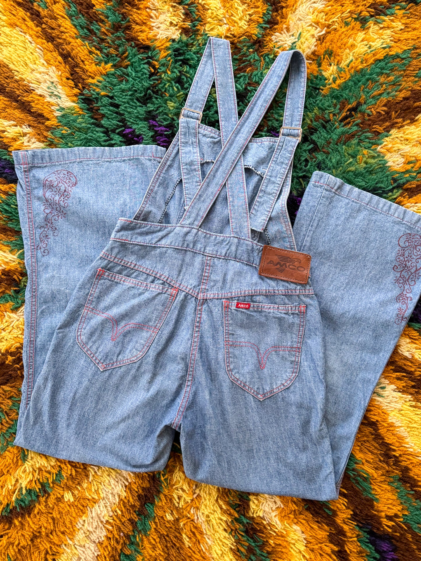 VINTAGE 1970S AMCO COTTON DENIM KICK FLARE DUNGAREES OVERALLS XS/S