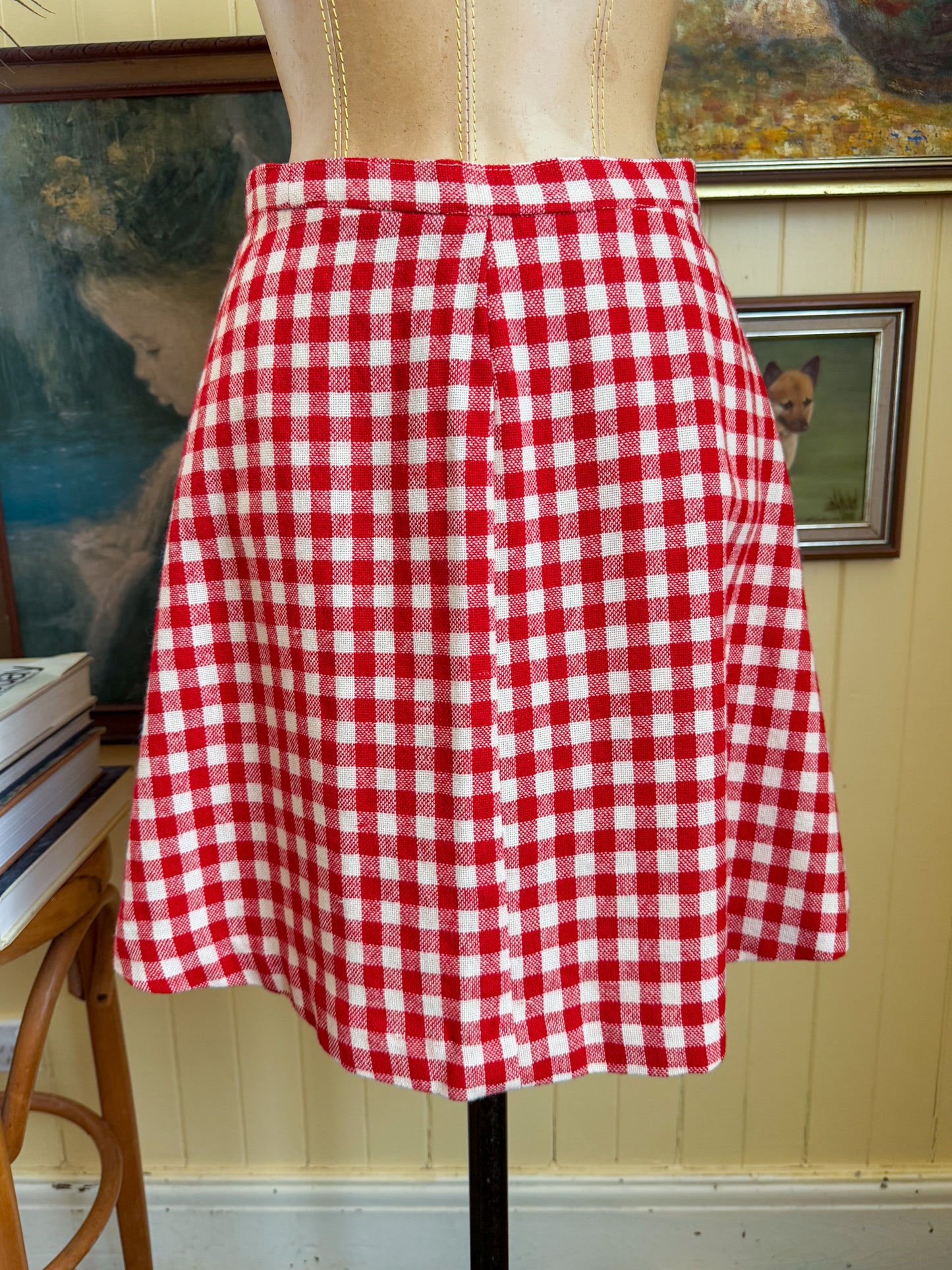 VINTAGE 1970S BINDI OF MELBOURNE WOOL GINGHAM MINI SKIRT S