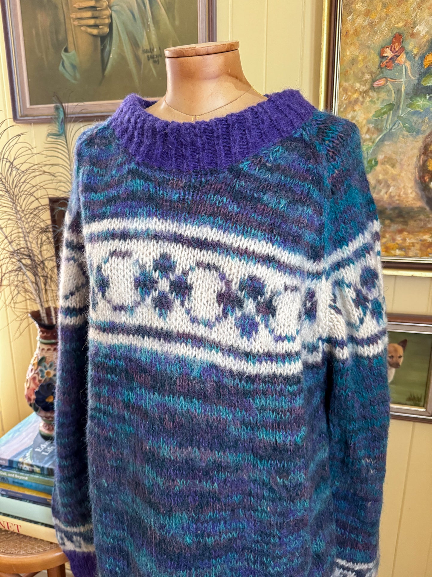 VINTAGE HANDMADE ALPACA WOOL MOTIF CHUNKY KNIT JUMPER L/XL
