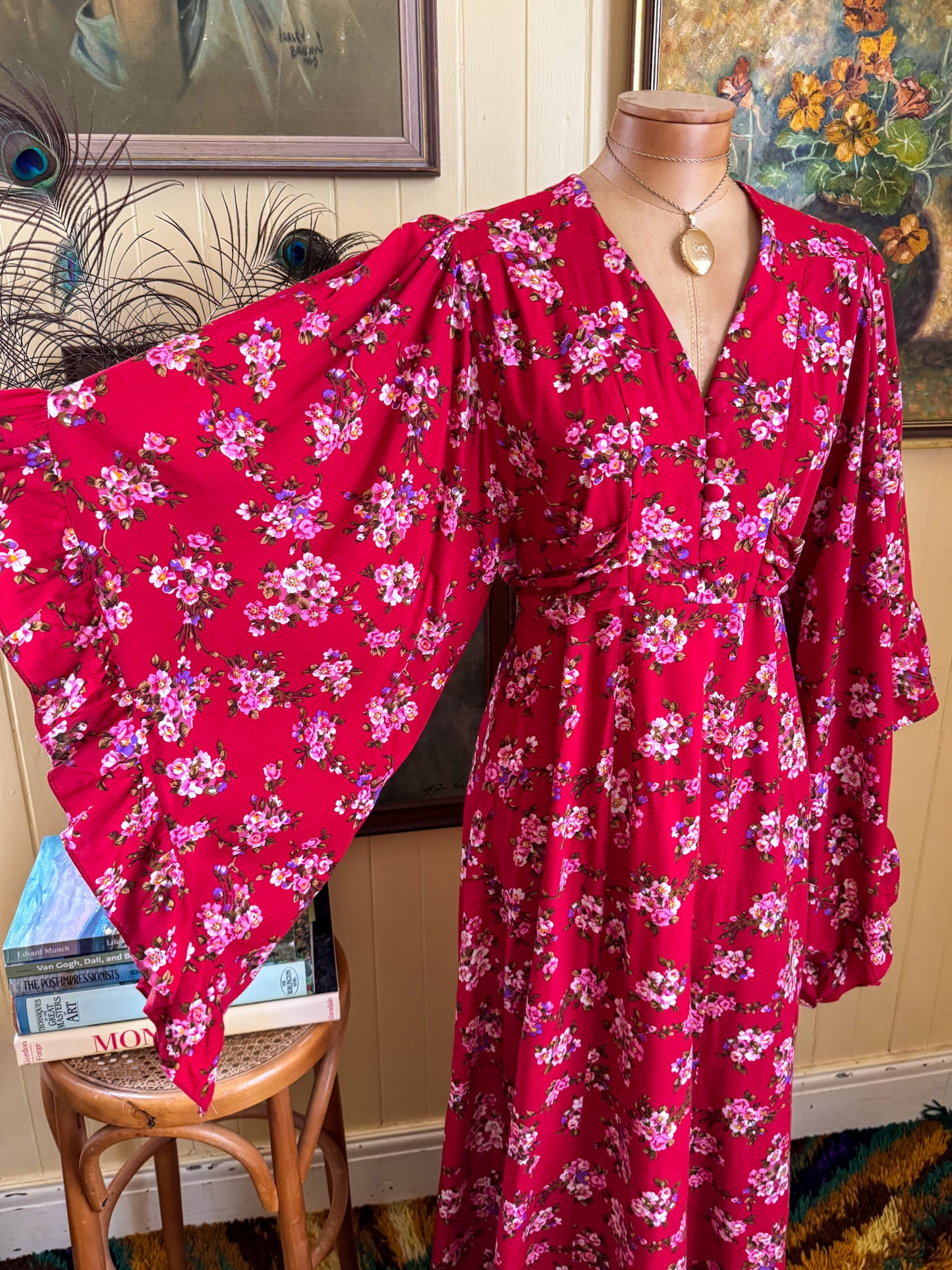 VINTAGE 1970S ARC COTTON ANGEL SLEEVE FLORAL PRINT MAXI DRESS S/M