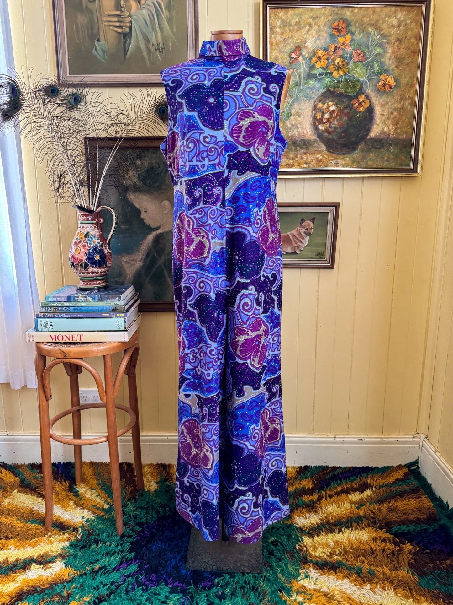 VINTAGE 1970S TRICEL PSYCHEDELIC PRINT WIDE LEG JUMPSUIT M/L