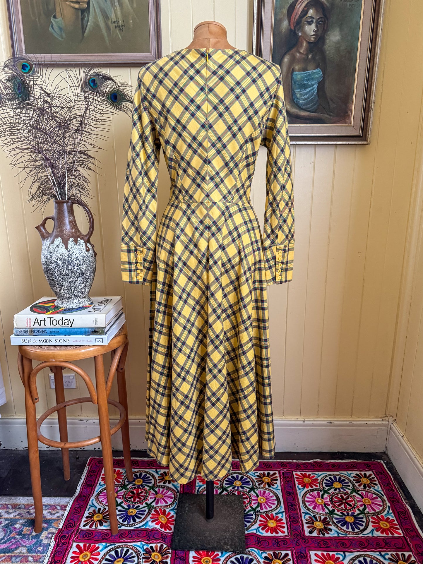 VINTAGE 1980S NORMA KAMALI JAPANESE COTTON PLAID MIDI DRESS S