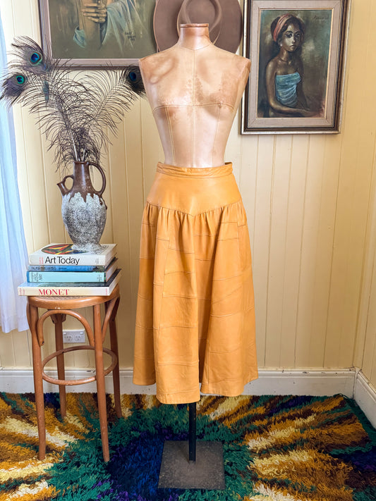 VINTAGE 1980S DRESKE SOMOFF YELLOW LEATHER PATCHWORK MIDI SKIRT XS