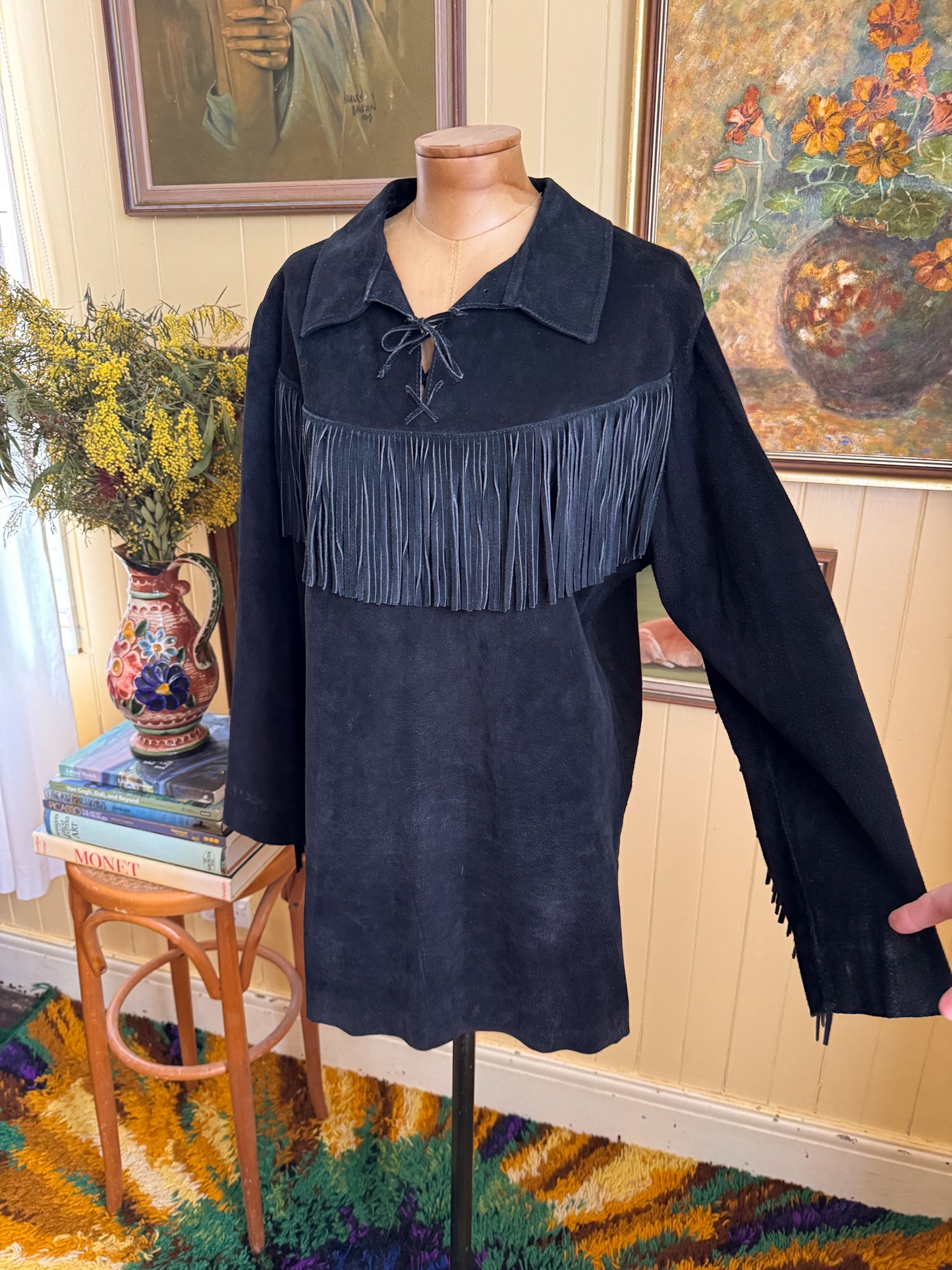VINTAGE 1970S AUSTRALIAN BOJO BLACK SUEDE LEATHER FRINGED WESTERN TUNIC SHIRT M/L