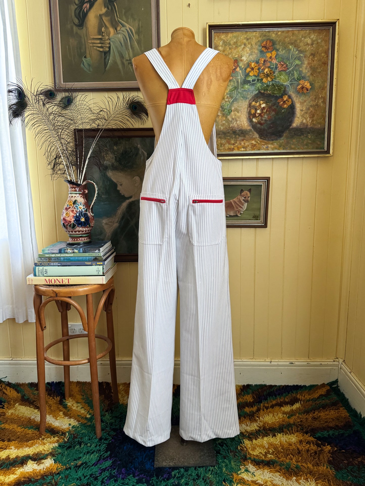 VINTAGE 1970S KOREAN MATCHMATES POLY STRIPED WIDE LEG DUNGAREES OVERALLS S/M