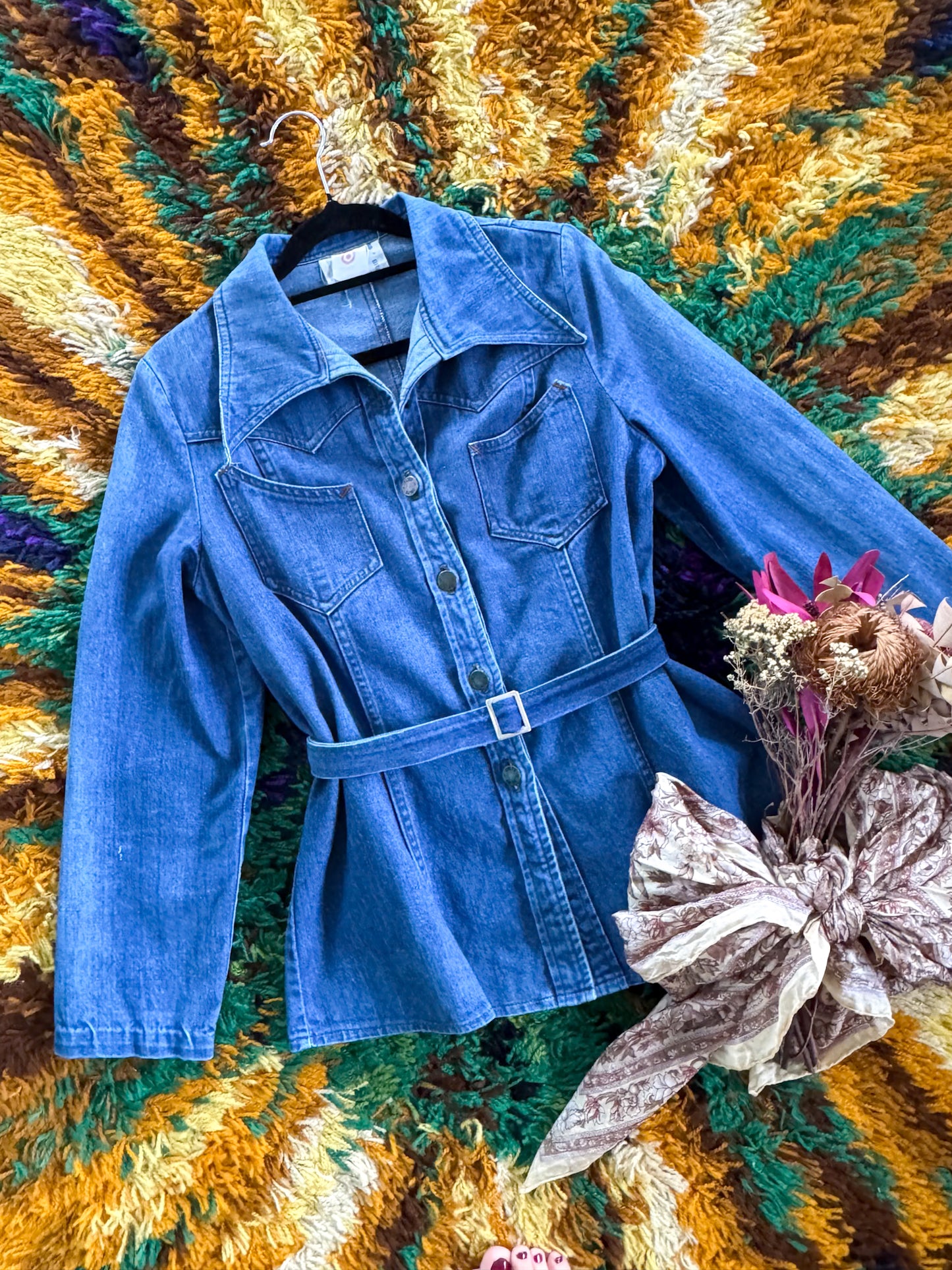 VINTAGE 1970S TARGET BRADMILL COTTON DENIM FITTED BELTED SHIRT JACKET S/M