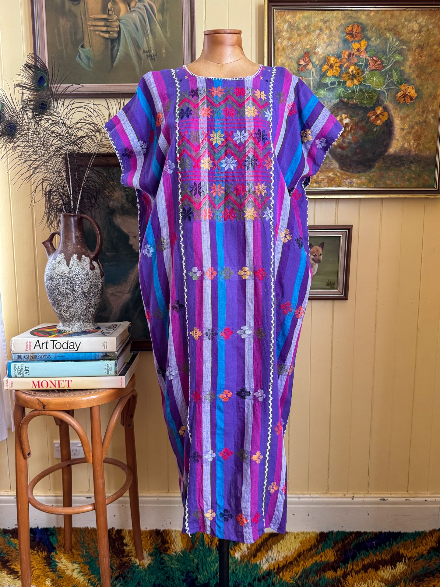 HANDMADE MEXICAN STRIPED WOVEN COTTON EMBROIDERED HUIPIL DRESS S/M/L