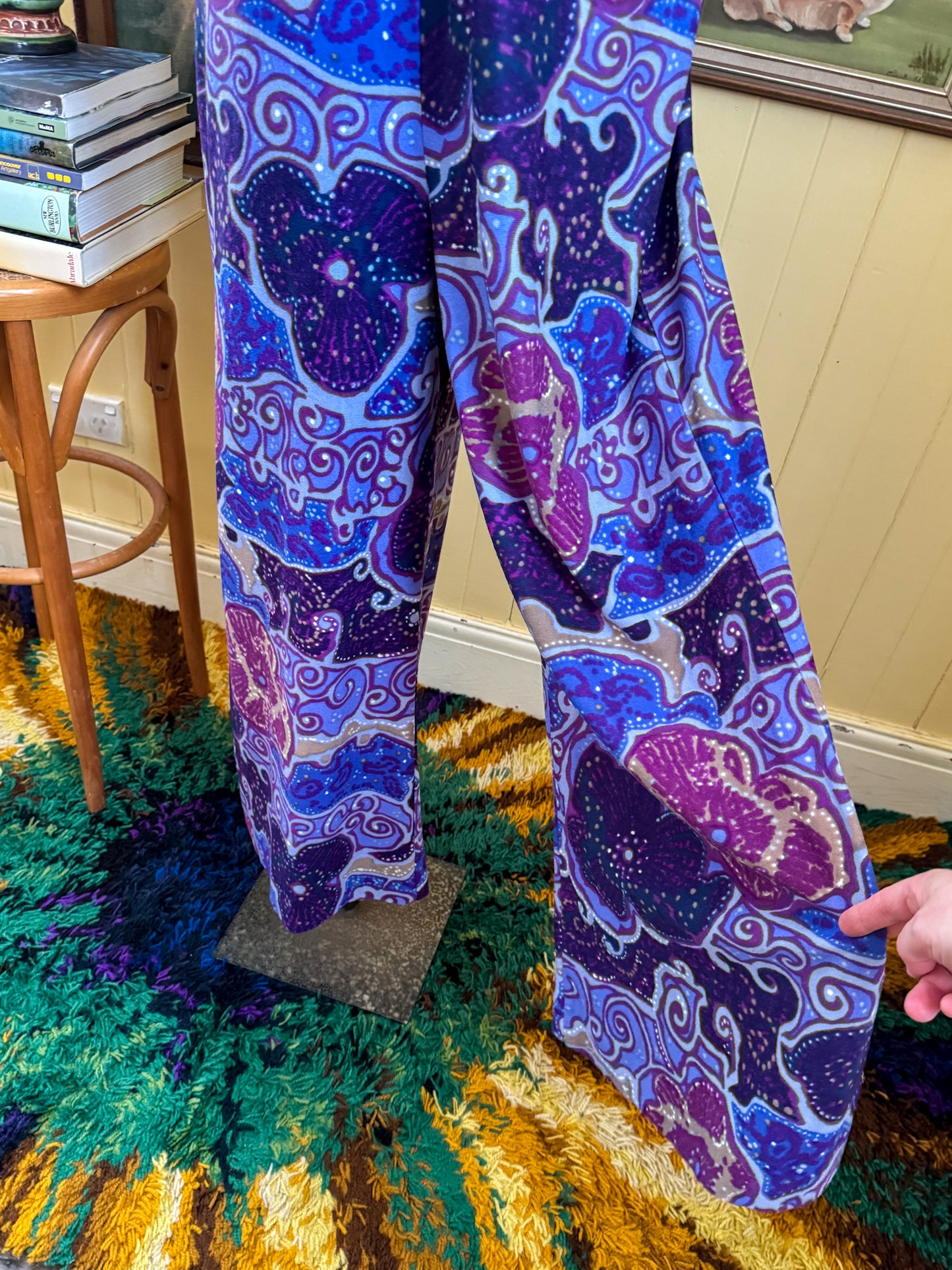 VINTAGE 1970S TRICEL PSYCHEDELIC PRINT WIDE LEG JUMPSUIT M/L
