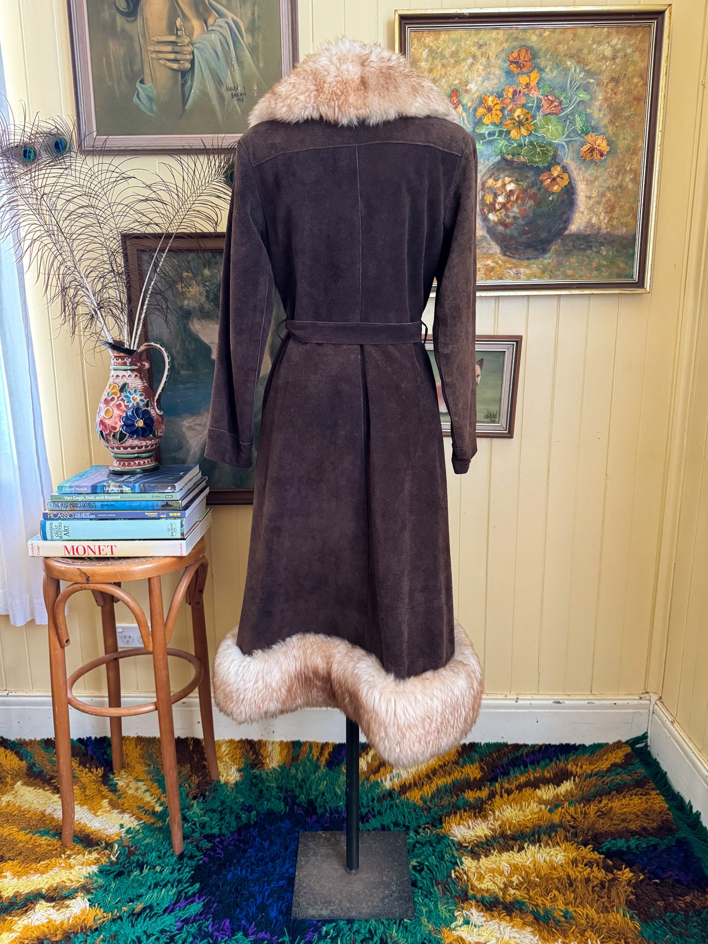 VINTAGE 1970S CHOCOLATE BROWN SUEDE LEATHER LONGLINE PENNY LANE SHEARLING COAT S