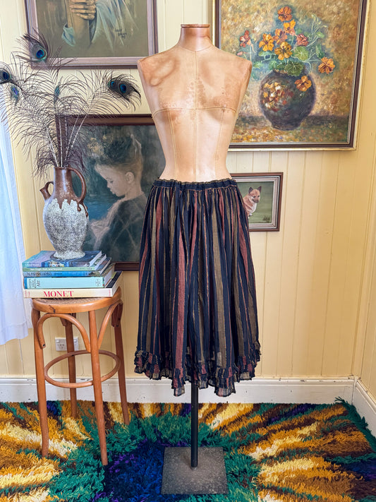 VINTAGE 1970S ADINI INDIAN COTTON GAUZE LUREX RUFFLE MIDI SKIRT M/L/XL