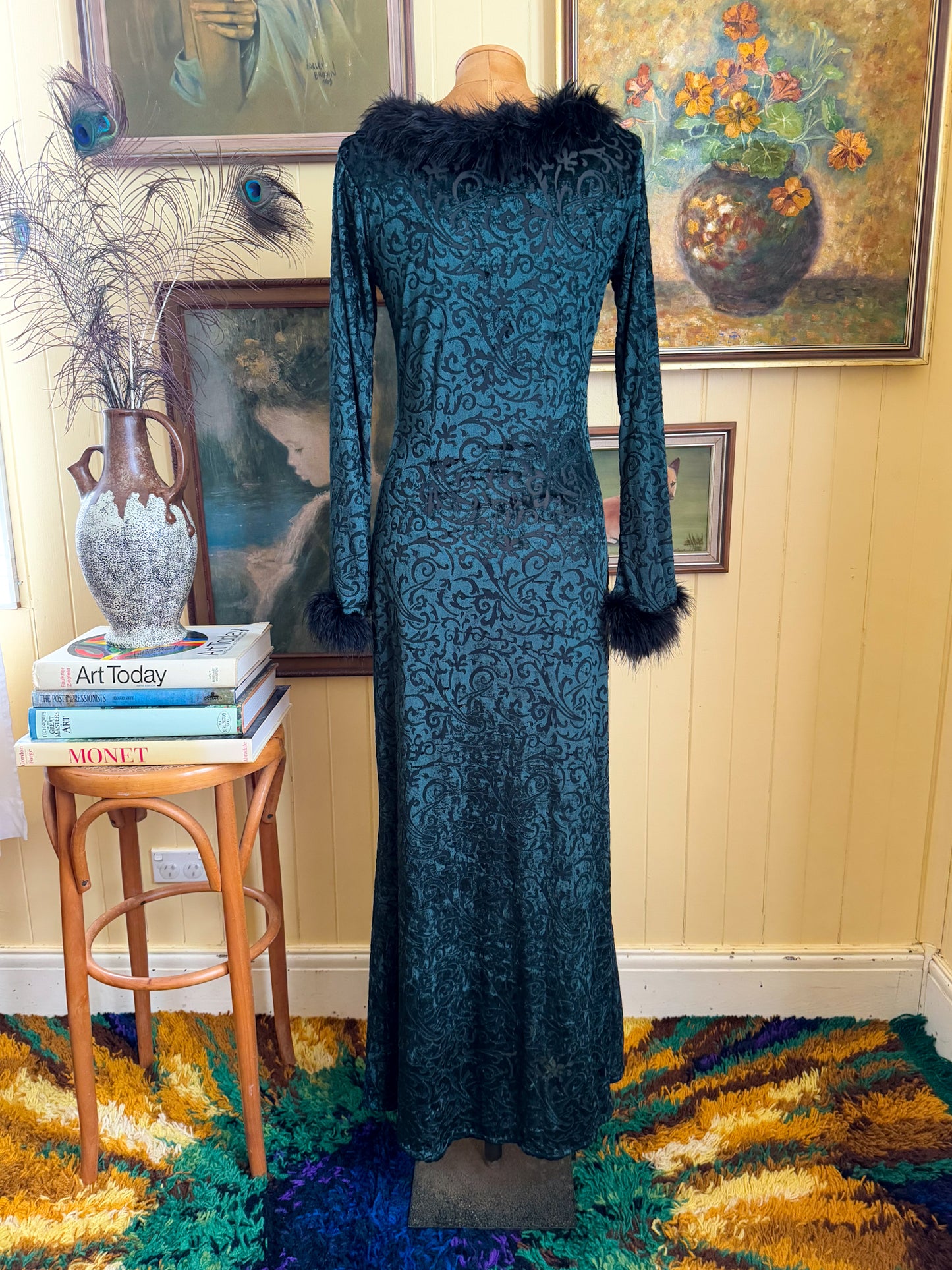 VINTAGE 1990S AUSTRALIAN MISTS OF AVALON VELVET BURNOUT FEATHER MAXI DRESS S/M